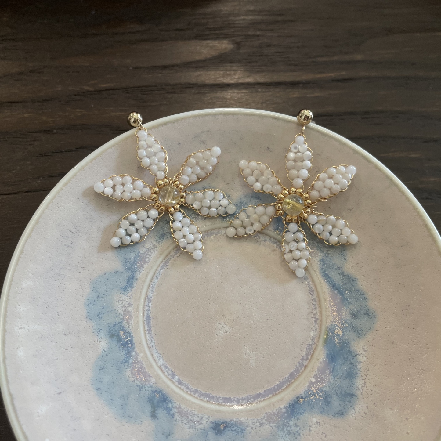 White Triteleia Laxa Inspired Earrings with Gold Rutilated Quartz Center