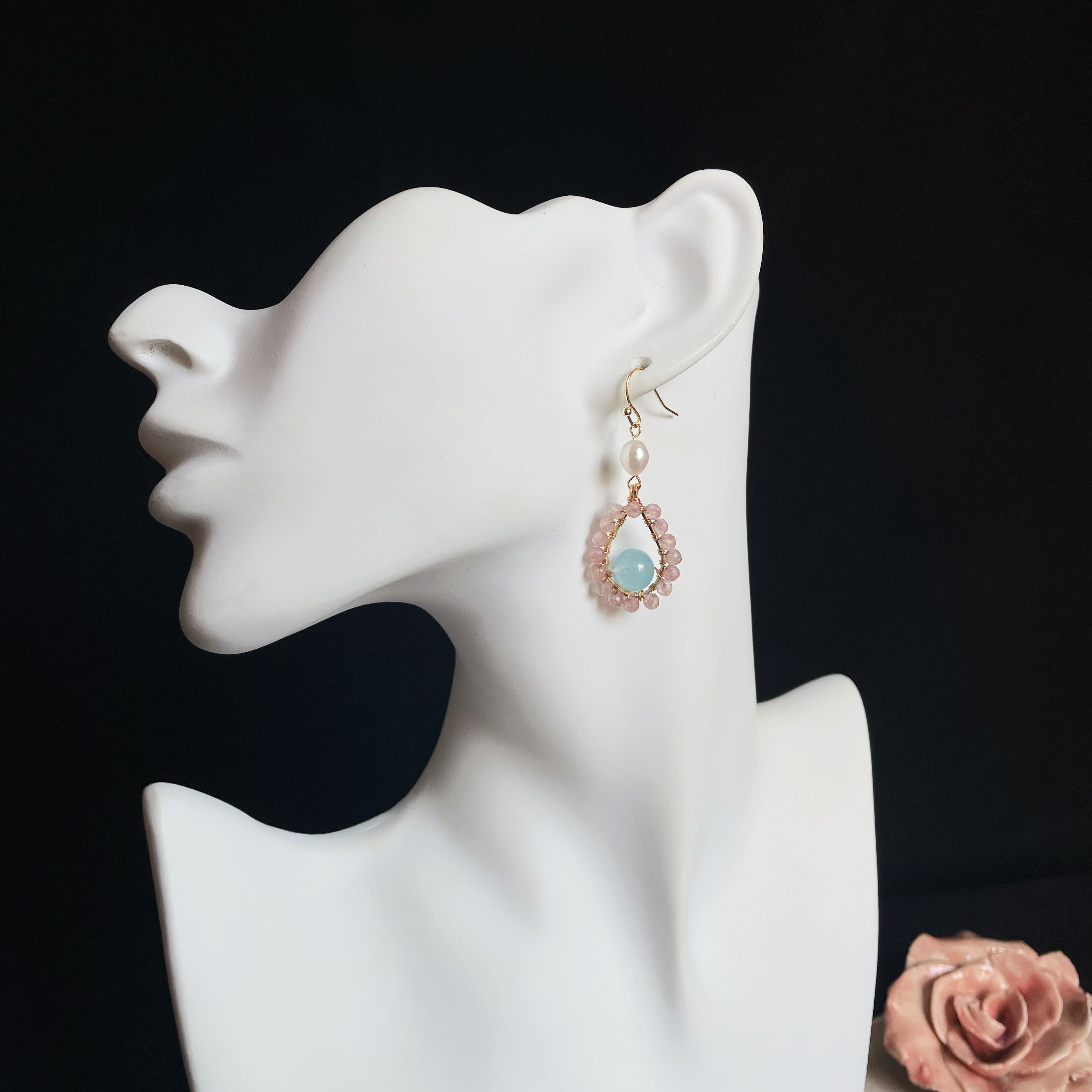 Strawberry Quartz and Aquamarine Teardrop Earrings