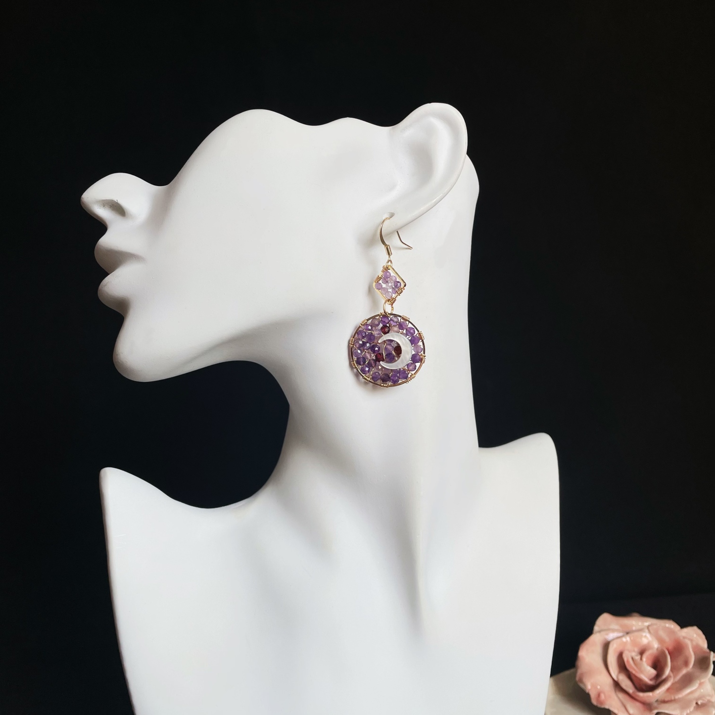 Last Summer's Moon Amethyst woven with Mother-of-pearl moon Earrings