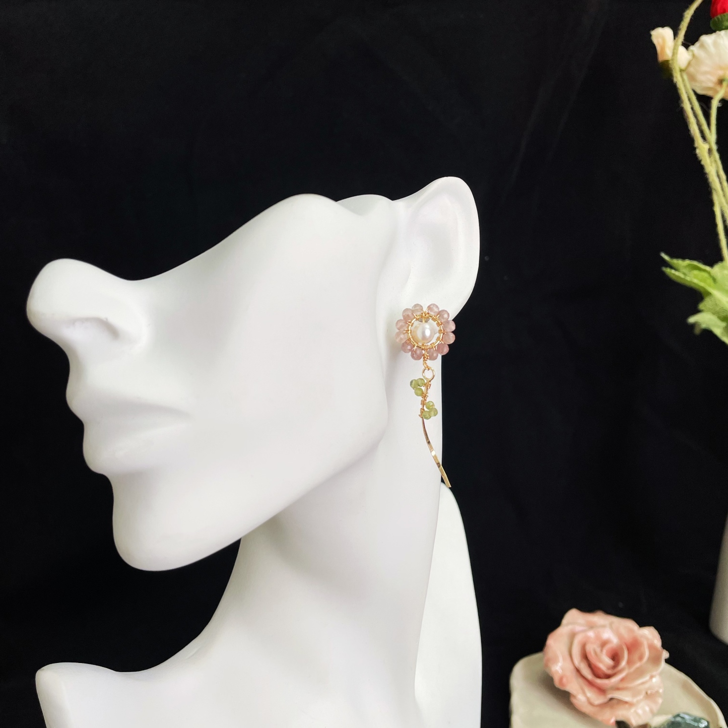 Handcrafted Spring Blossom Strawberry Quartz Flower with Pearl Core Earrings