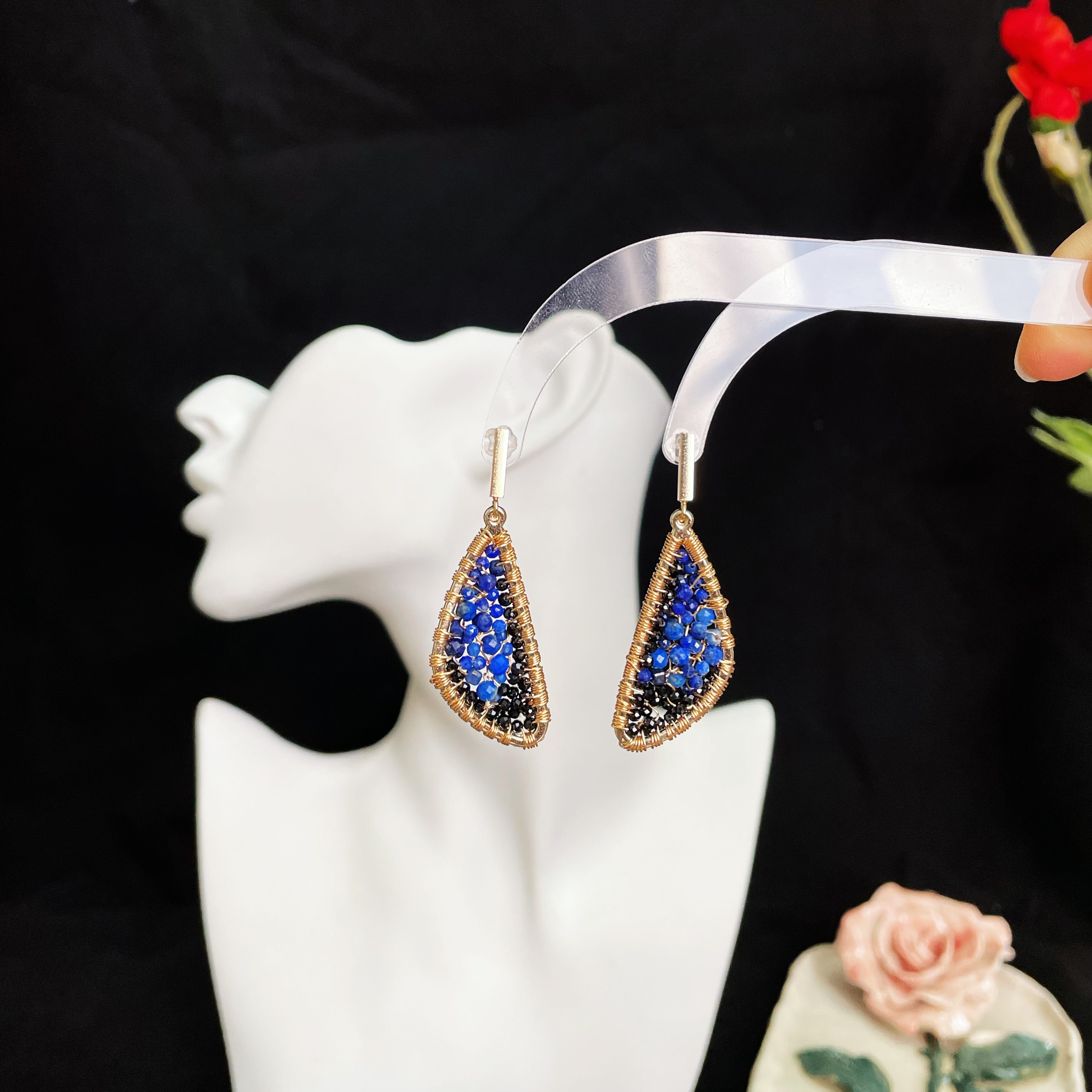 Handcrafted Papilio ulysse Wings Black Spinel and Lapis Lazuli Earrings 