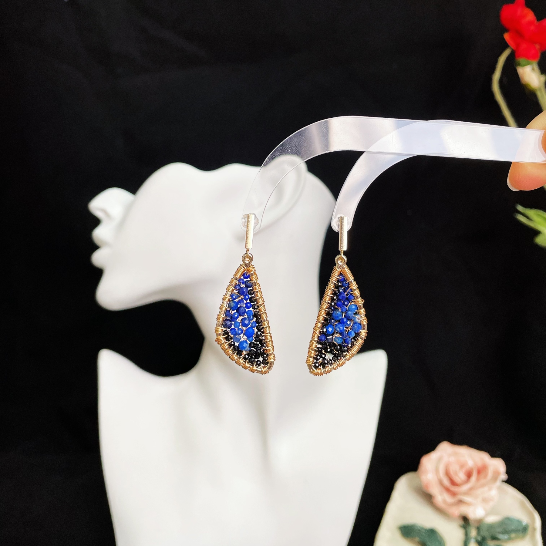 Handcrafted Papilio ulysse Wings Black Spinel and Lapis Lazuli Earrings 