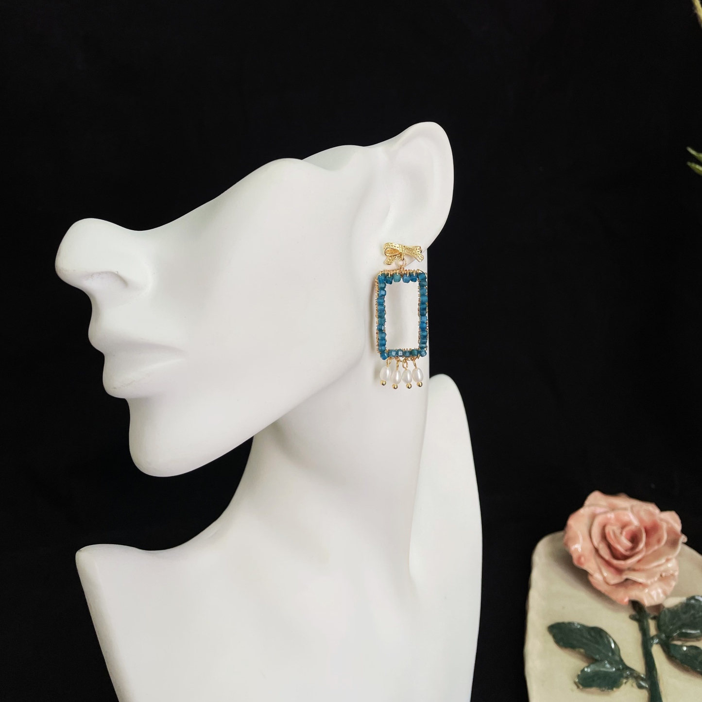 Handcrafted Woven Blue Apatite and Pearls Drop Magic Mirror Earrings