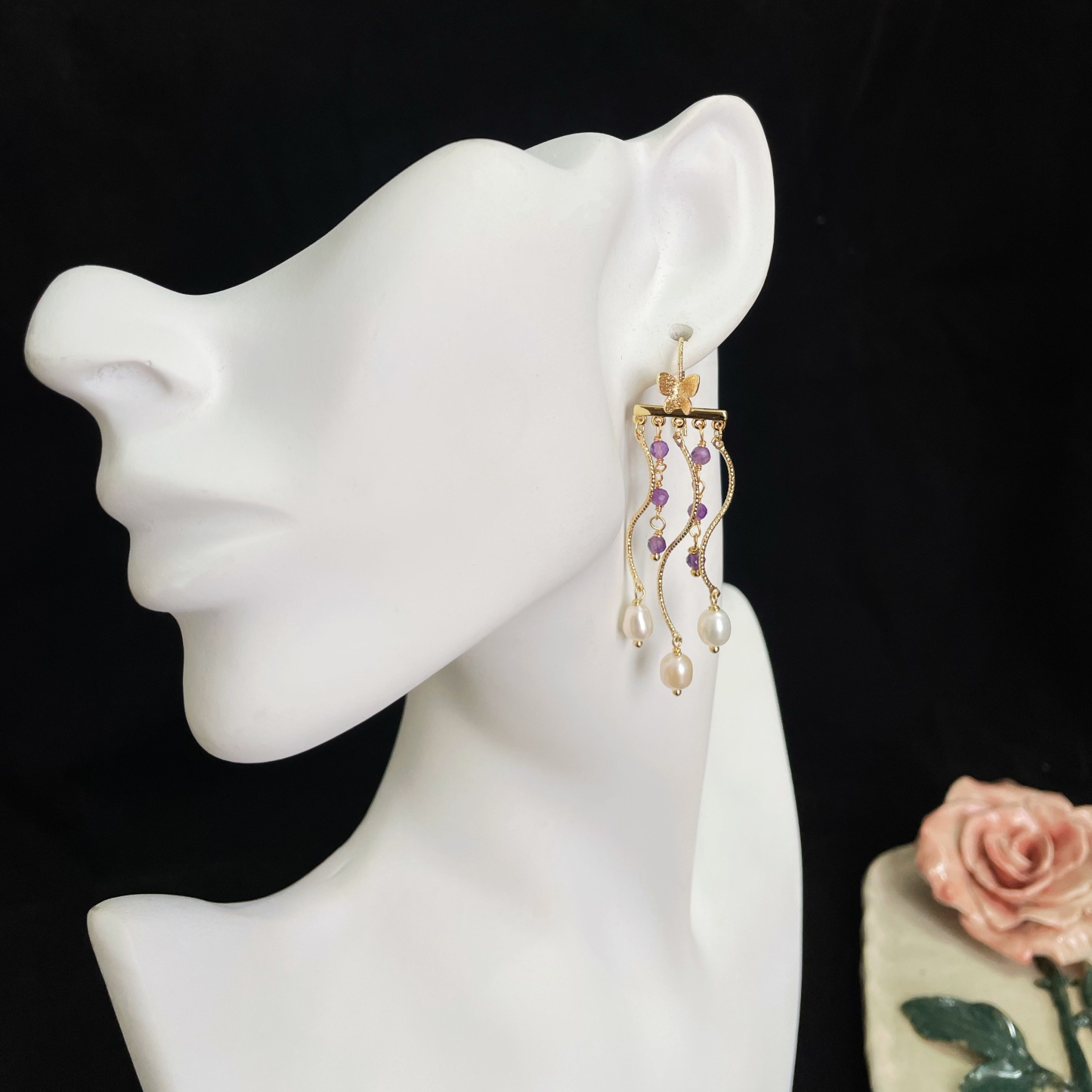 Handcrafted Shining Butterfly with Amethyst and Pearls Tassel Earrings