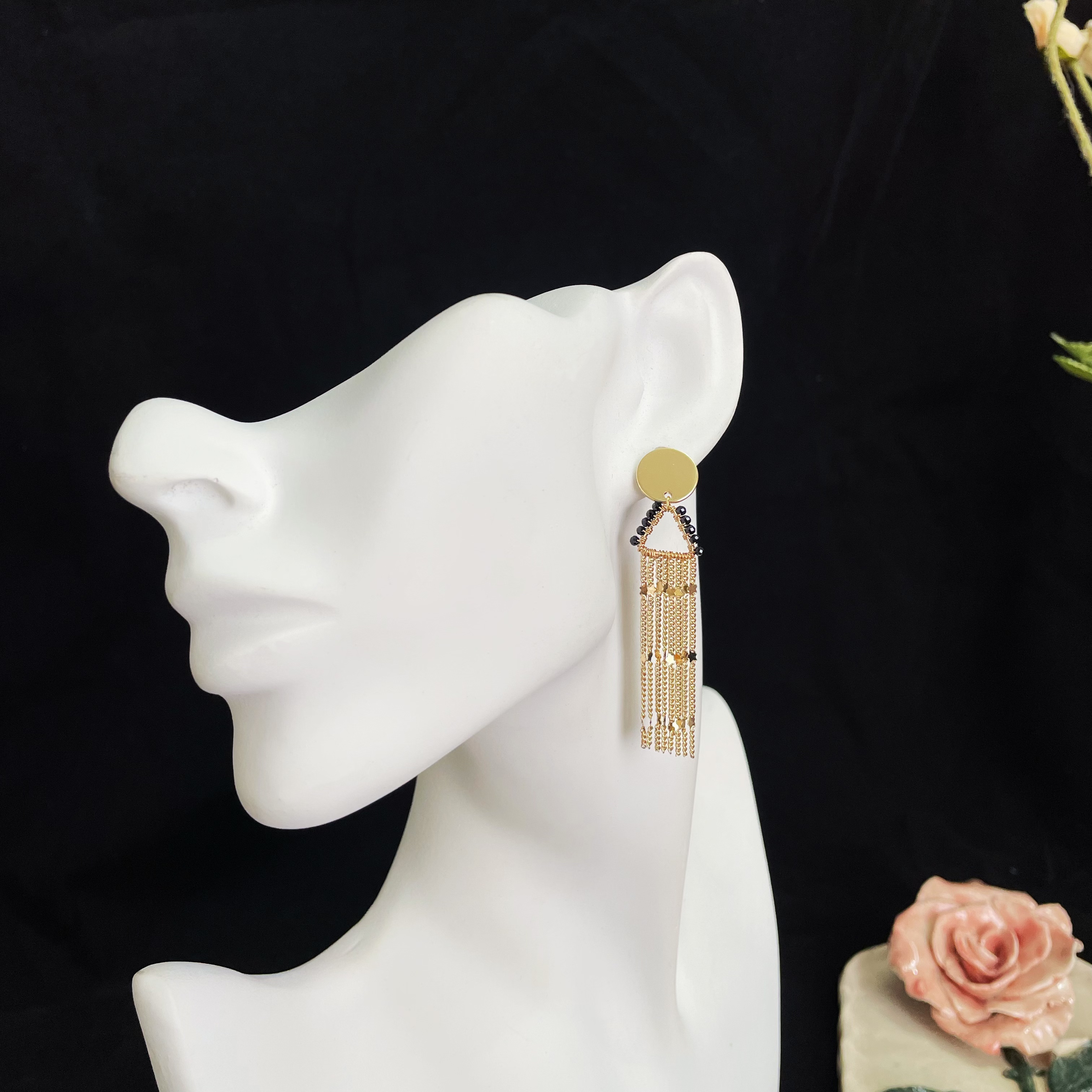 Handcrafted Meteor Shower Black Spinel and Chains tassels Earrings