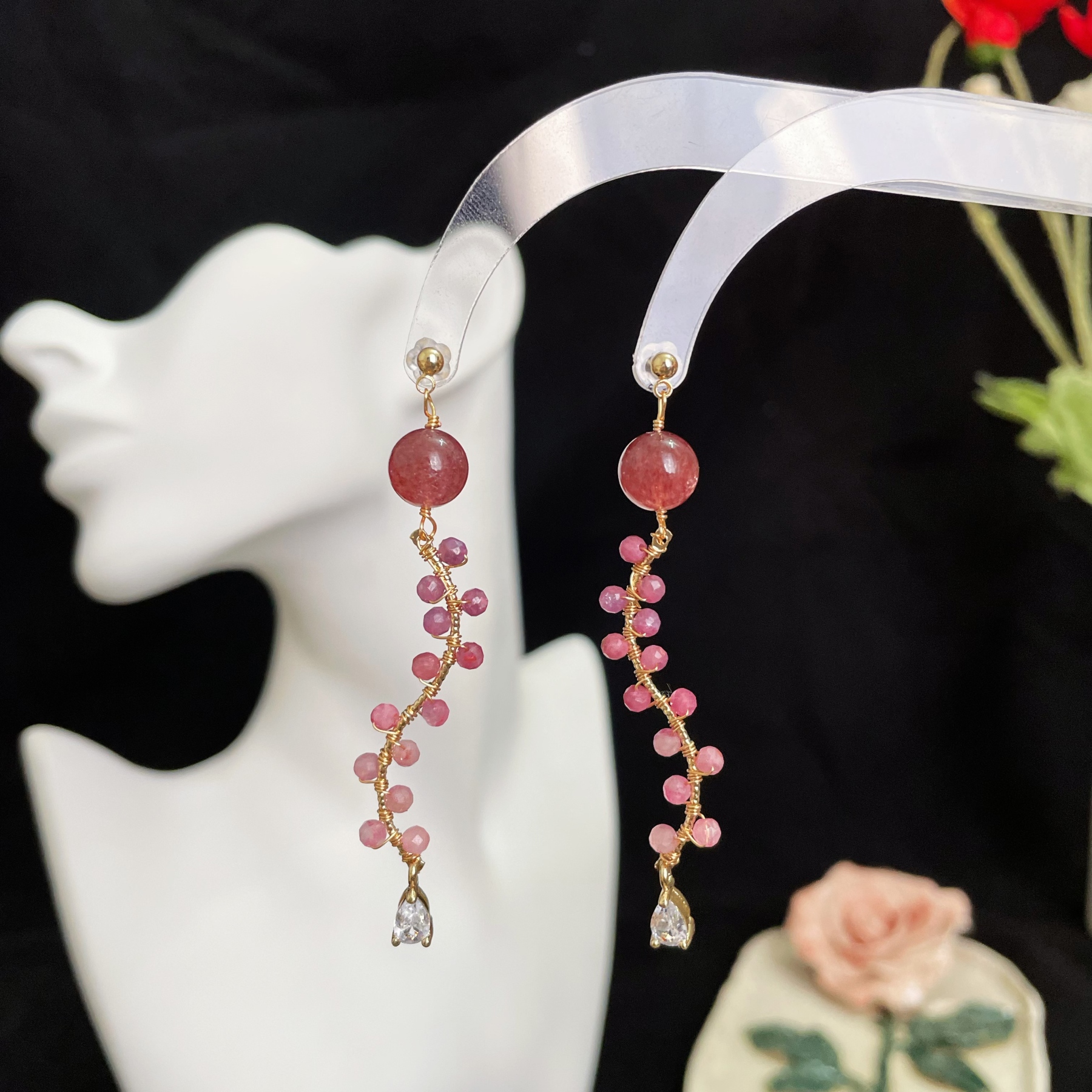 Handcrafted Berry Vine Earrings Made of Strawberry Quartz and Tourmaline