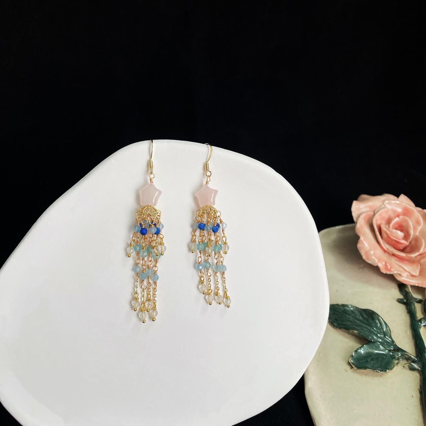Handcrafted Celestial Cascade Rose Quartz Star and Blue Gemstone Tassel Earrings