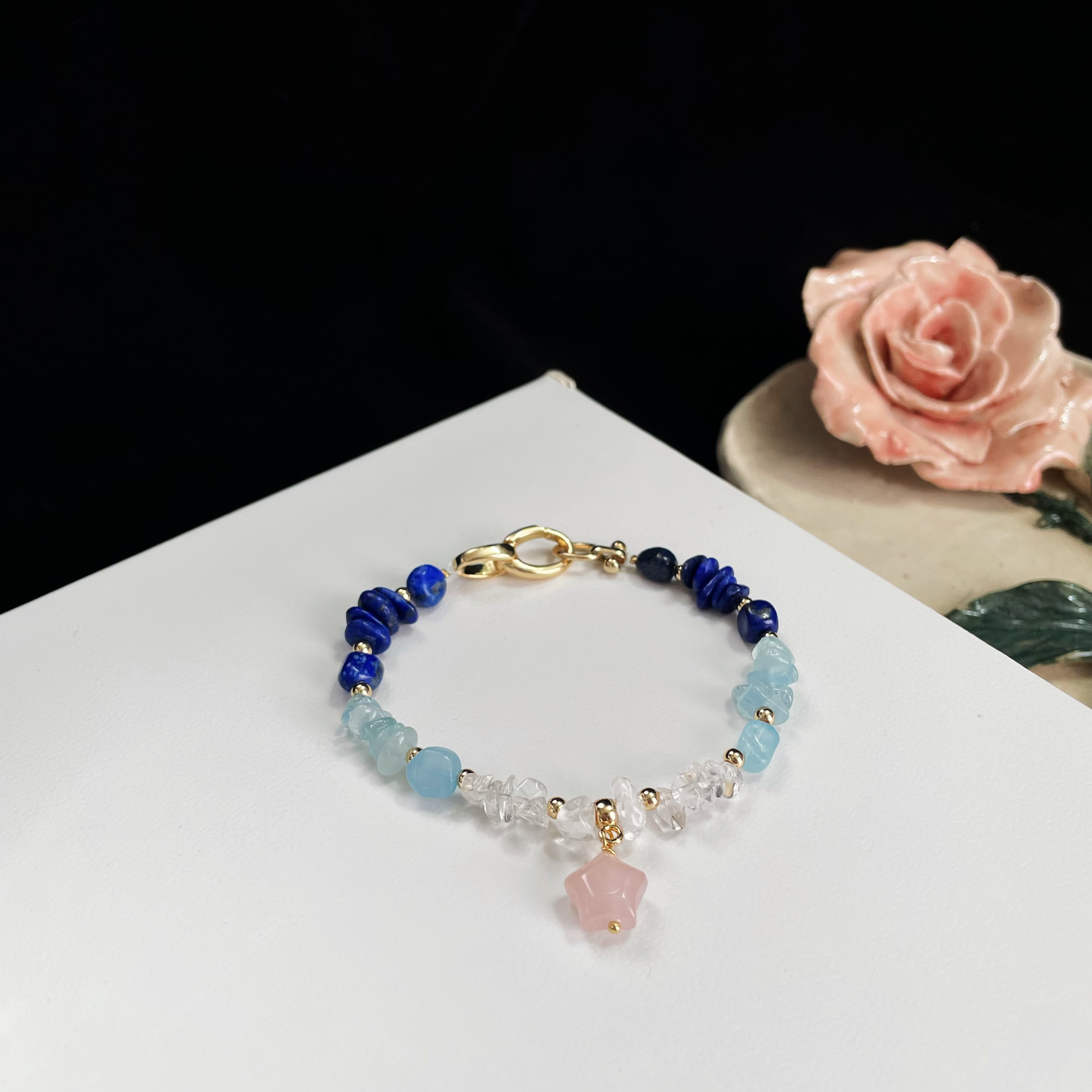 Handcrafted Celestial Harmony Blue Gemstone with Rose Quartz Star Bracelet