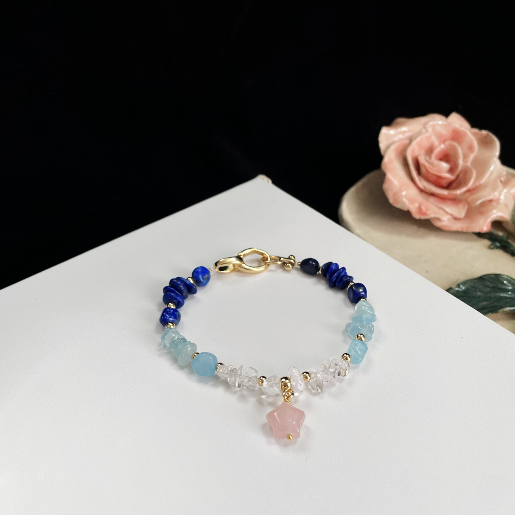 Handcrafted Celestial Harmony Blue Gemstone with Rose Quartz Star Bracelet