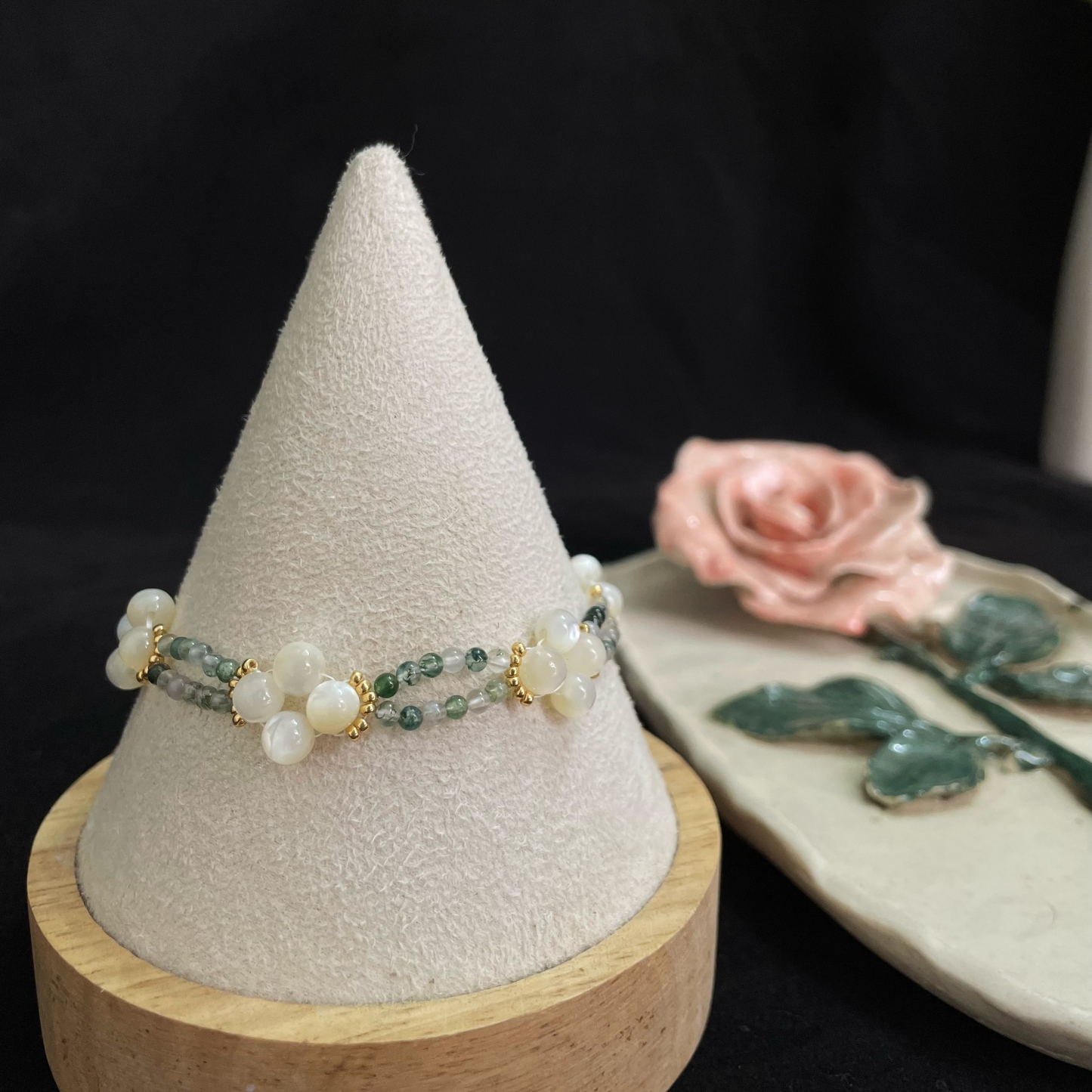 Handcrafted Clover Blossom Bracelet Made of Trochus Shell Beads Moss Agate