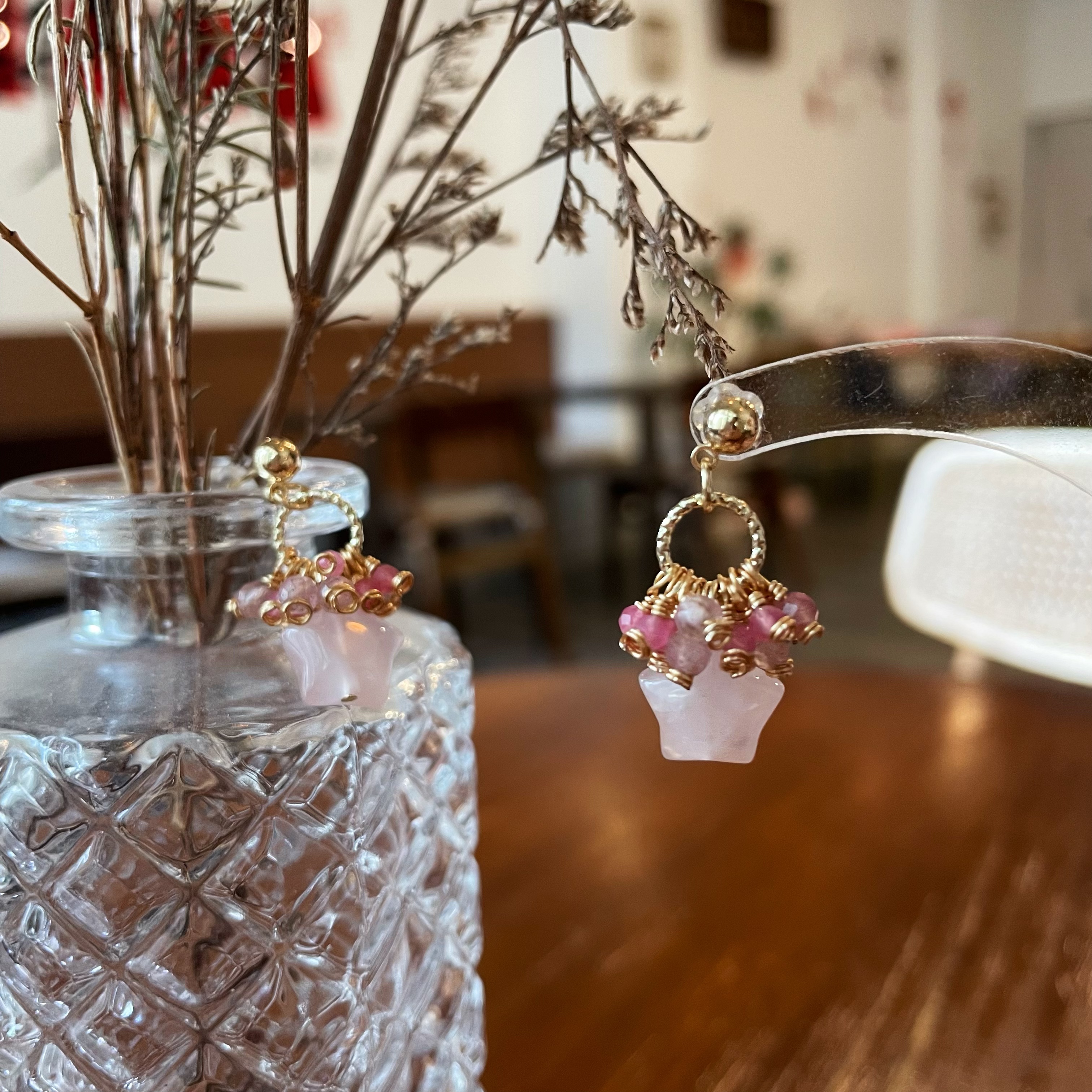 Handmade Rose Nebula Earrings Rose Quartz Star Drop with Pink Tourmaline and Strawberry Quartz Cluster