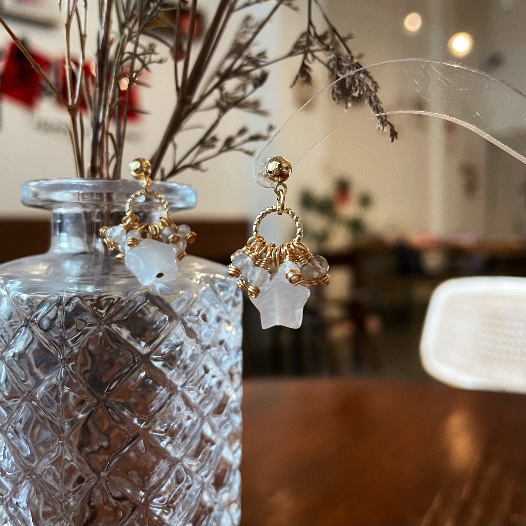 Handmade Moonlight Nebula Earrings Blue Moonstone Star with Clear Quartz and Labradorite Cluster