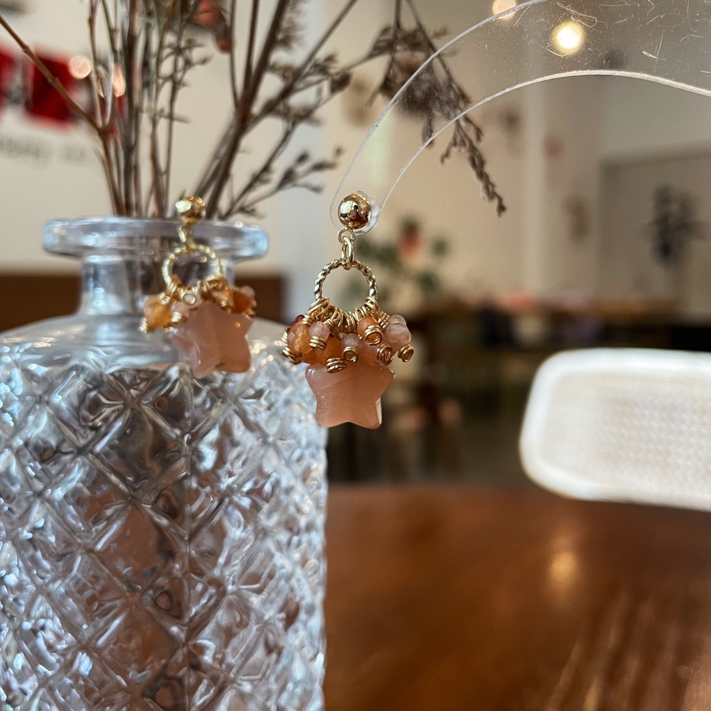 Handmade Amber Nebula Earrings Peach Moonstone Star with Red Aventurine and Red Agate Cluster