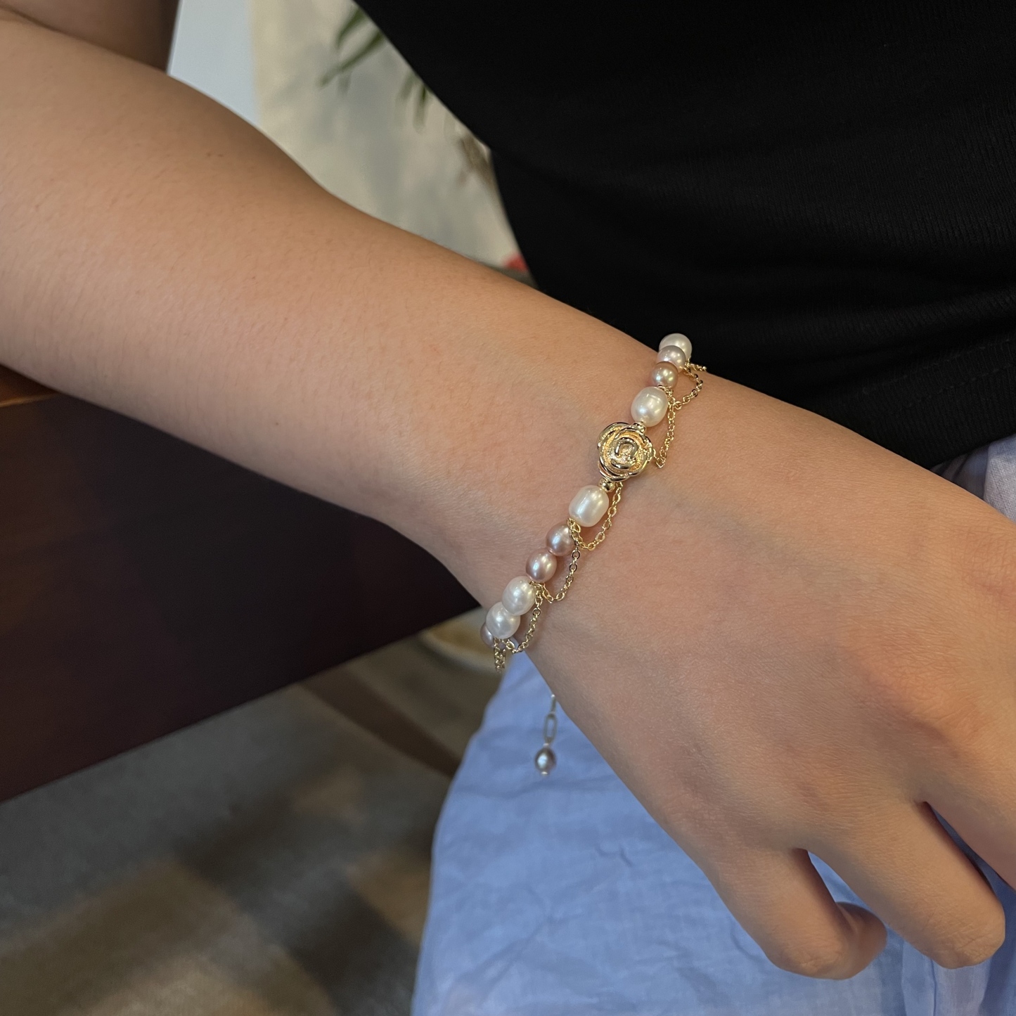 Handmade Elegant White and Purple Freshwater Pearl Bracelet with Rose Accent 