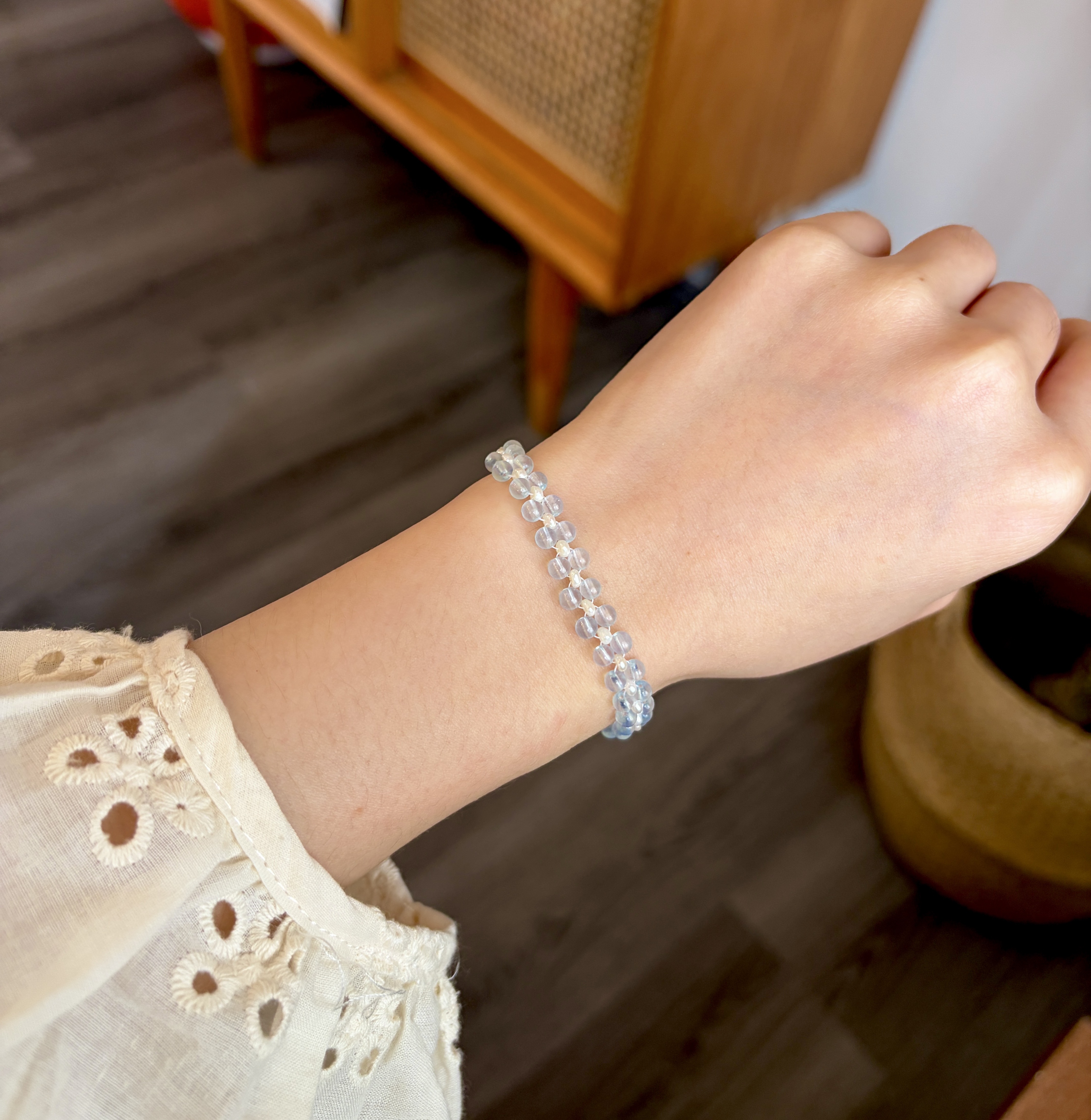Handmade Aquamarine and Freshwater Pearl Woven Bracelet Minimalist Layered Jewelry Custom Size