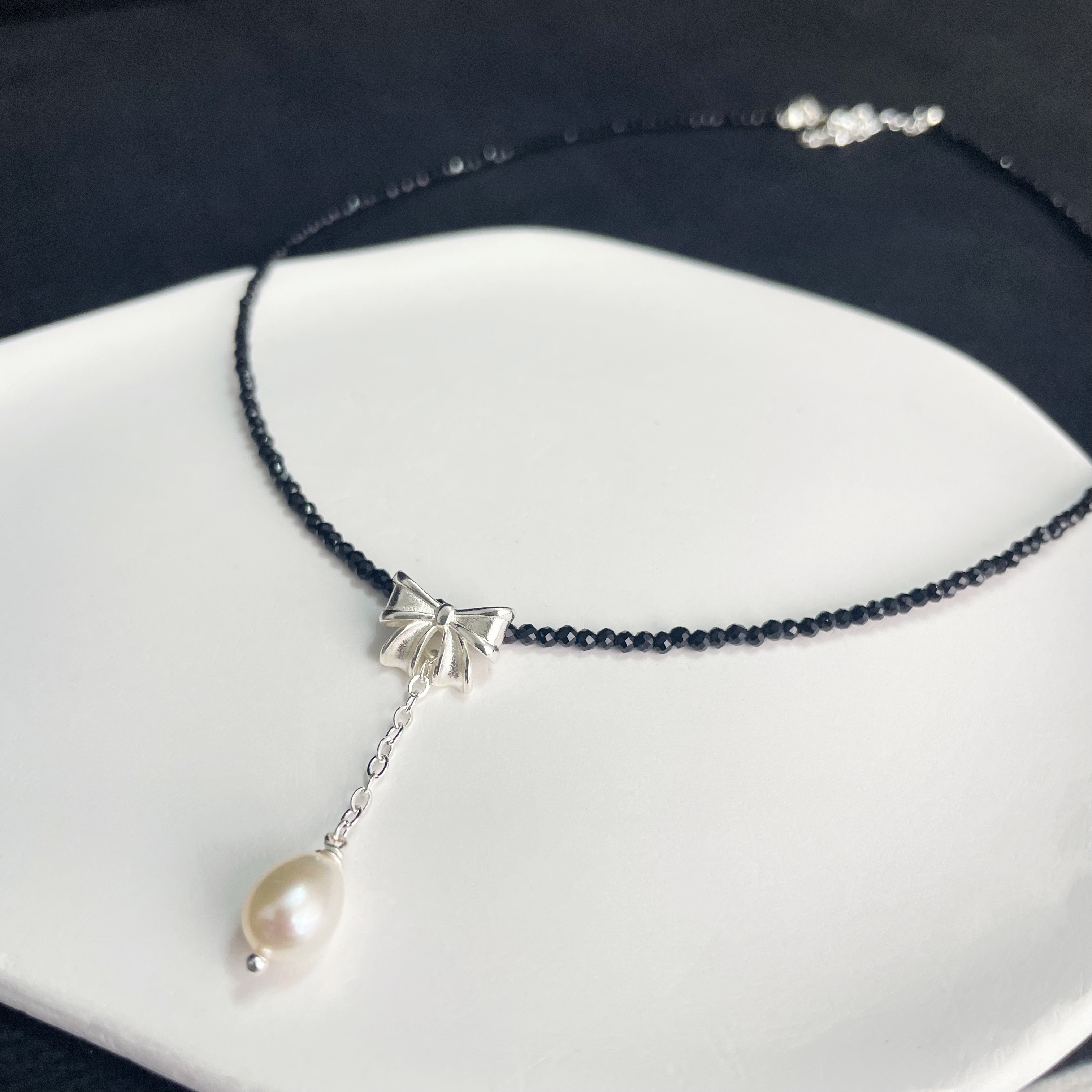 Black Spinel Necklace with Delicate Bow