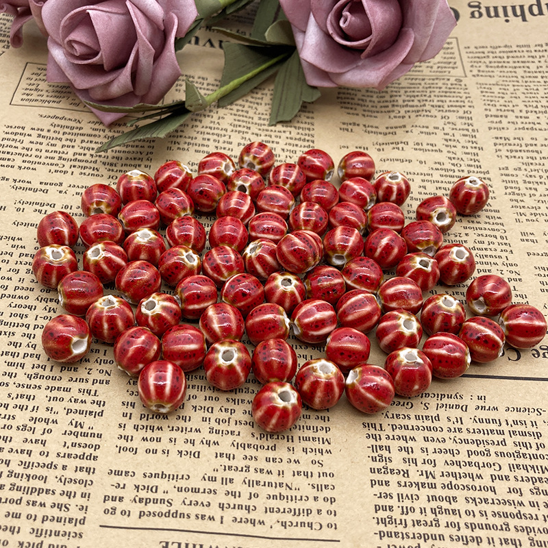 Handmade 12mm Watermelon Grain Color Glaze Ceramic Round Beads 100pcs