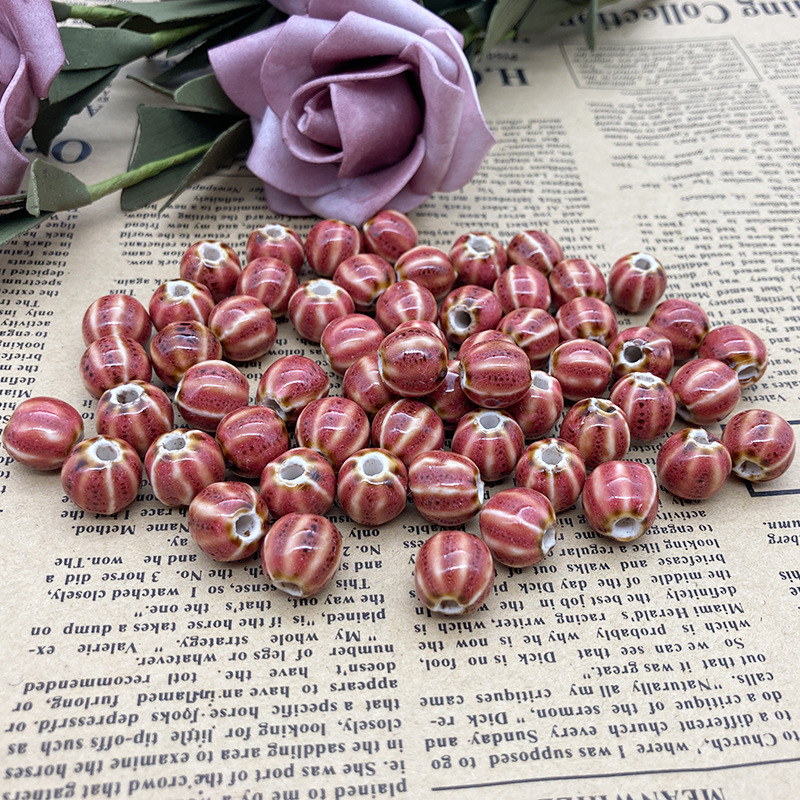 Handmade 12mm Watermelon Grain Color Glaze Ceramic Round Beads 100pcs