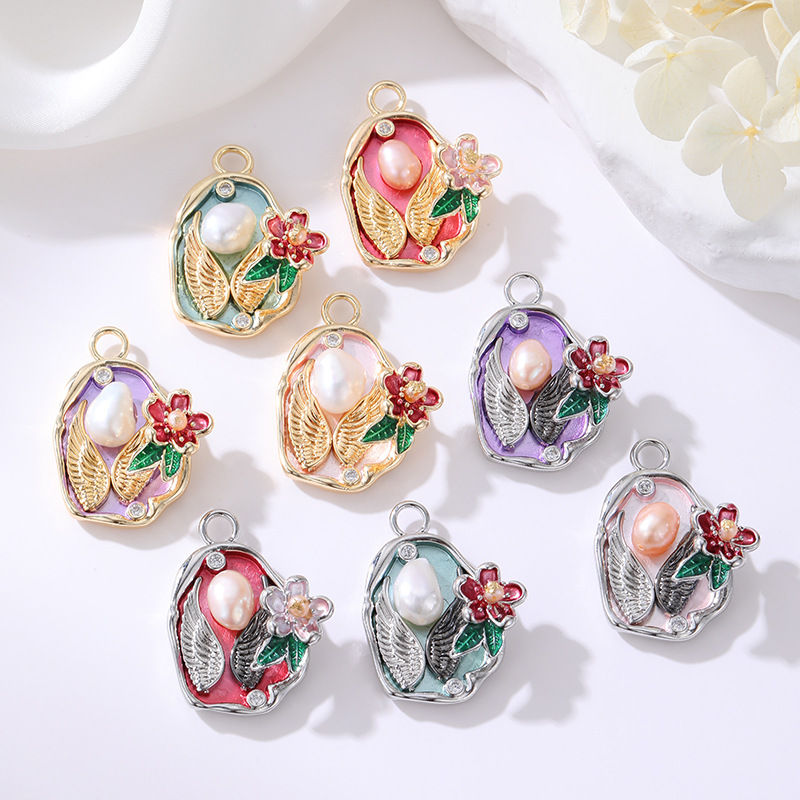 Exquisite Angel Wings Baroque Pearl Inlaid Floral Enamel Pendant 