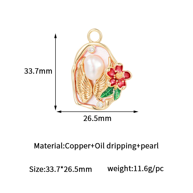 Exquisite Angel Wings Baroque Pearl Inlaid Floral Enamel Pendant 