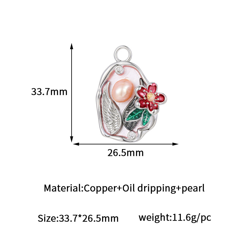 Exquisite Angel Wings Baroque Pearl Inlaid Floral Enamel Pendant 