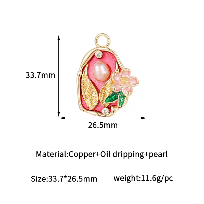Exquisite Angel Wings Baroque Pearl Inlaid Floral Enamel Pendant