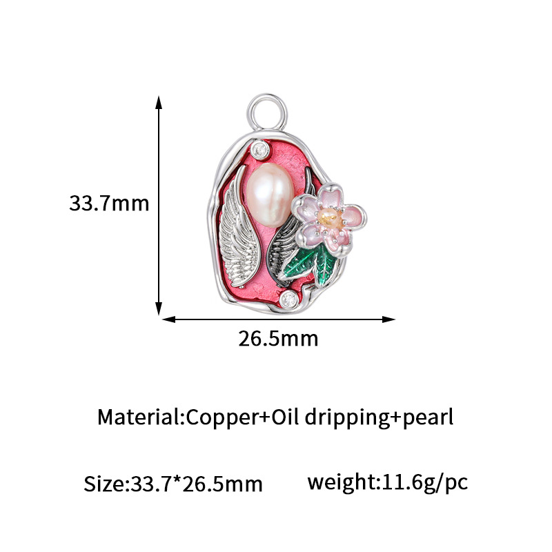 Exquisite Angel Wings Baroque Pearl Inlaid Floral Enamel Pendant