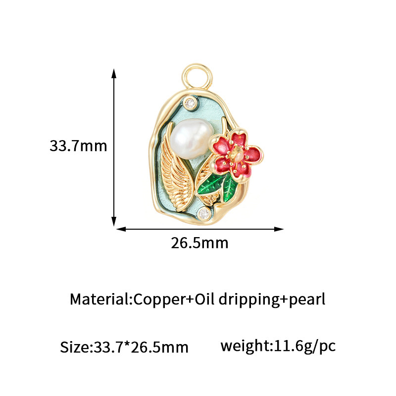 Exquisite Angel Wings Baroque Pearl Inlaid Floral Enamel Pendant 