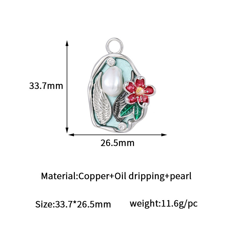 Exquisite Angel Wings Baroque Pearl Inlaid Floral Enamel Pendant 