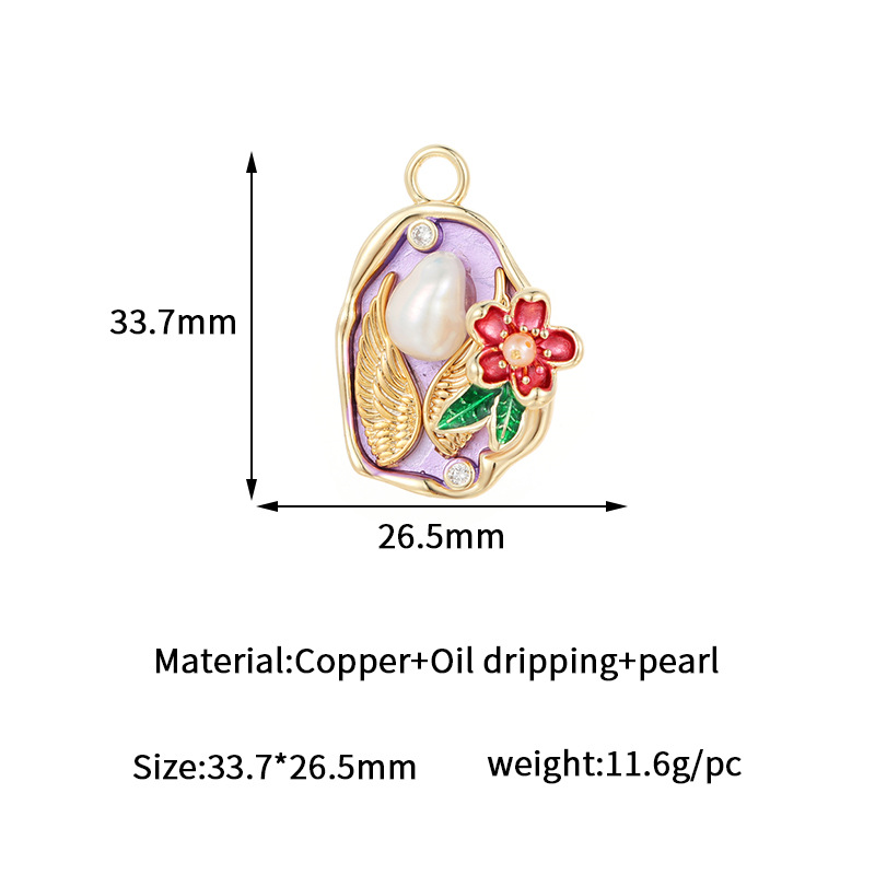 Exquisite Angel Wings Baroque Pearl Inlaid Floral Enamel Pendant