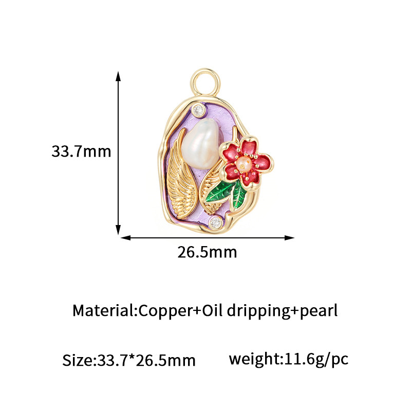 Exquisite Angel Wings Baroque Pearl Inlaid Floral Enamel Pendant 