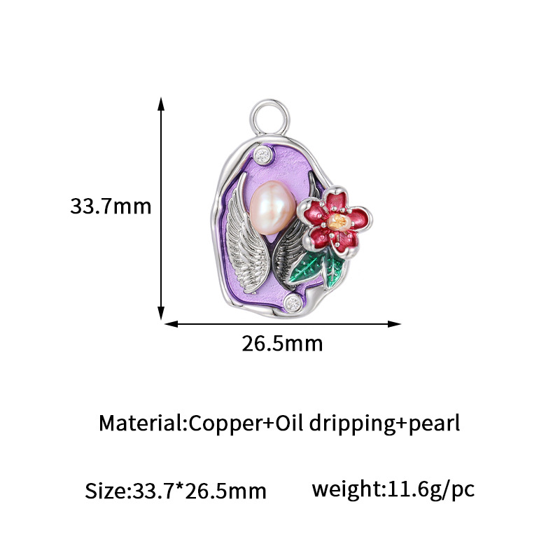 Exquisite Angel Wings Baroque Pearl Inlaid Floral Enamel Pendant