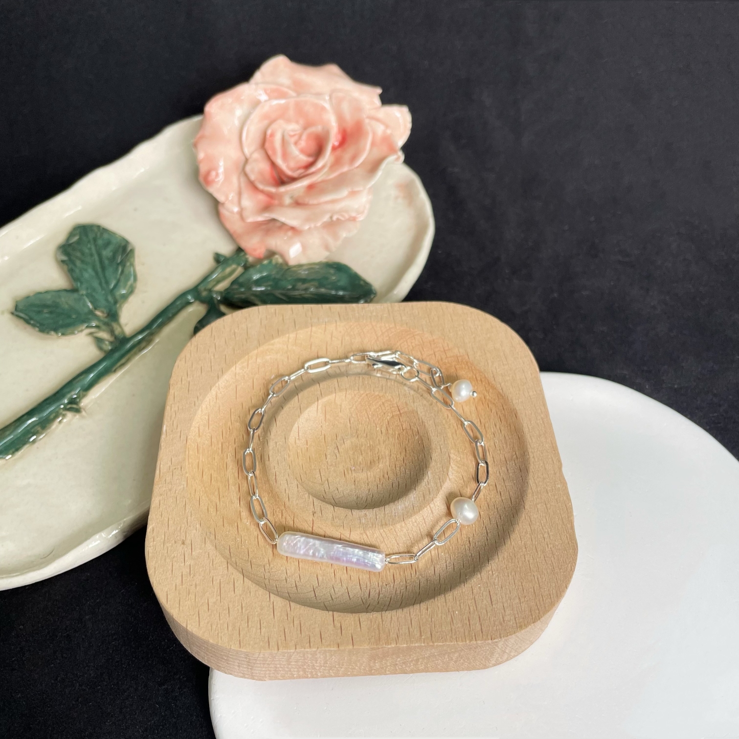 Baroque Pearl Bar Square Chain Bracelet