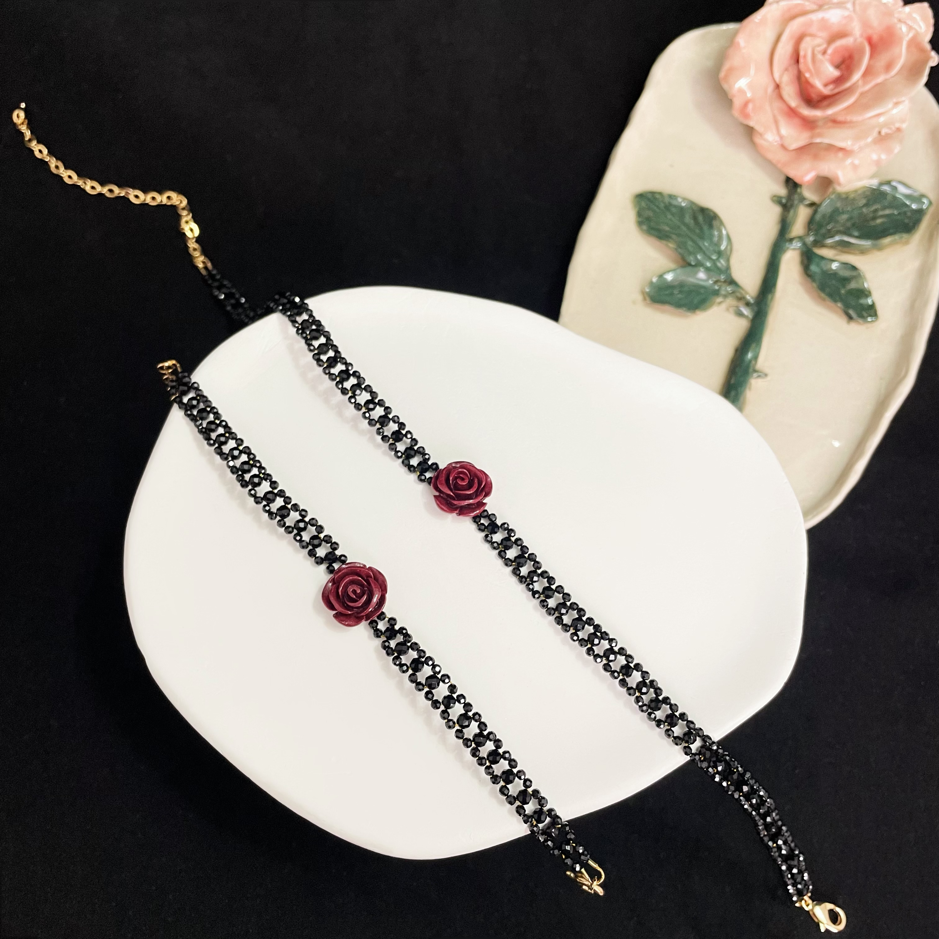 Woven Black Spinels Lace with Vermilion Stone Carved Rose Bracelet