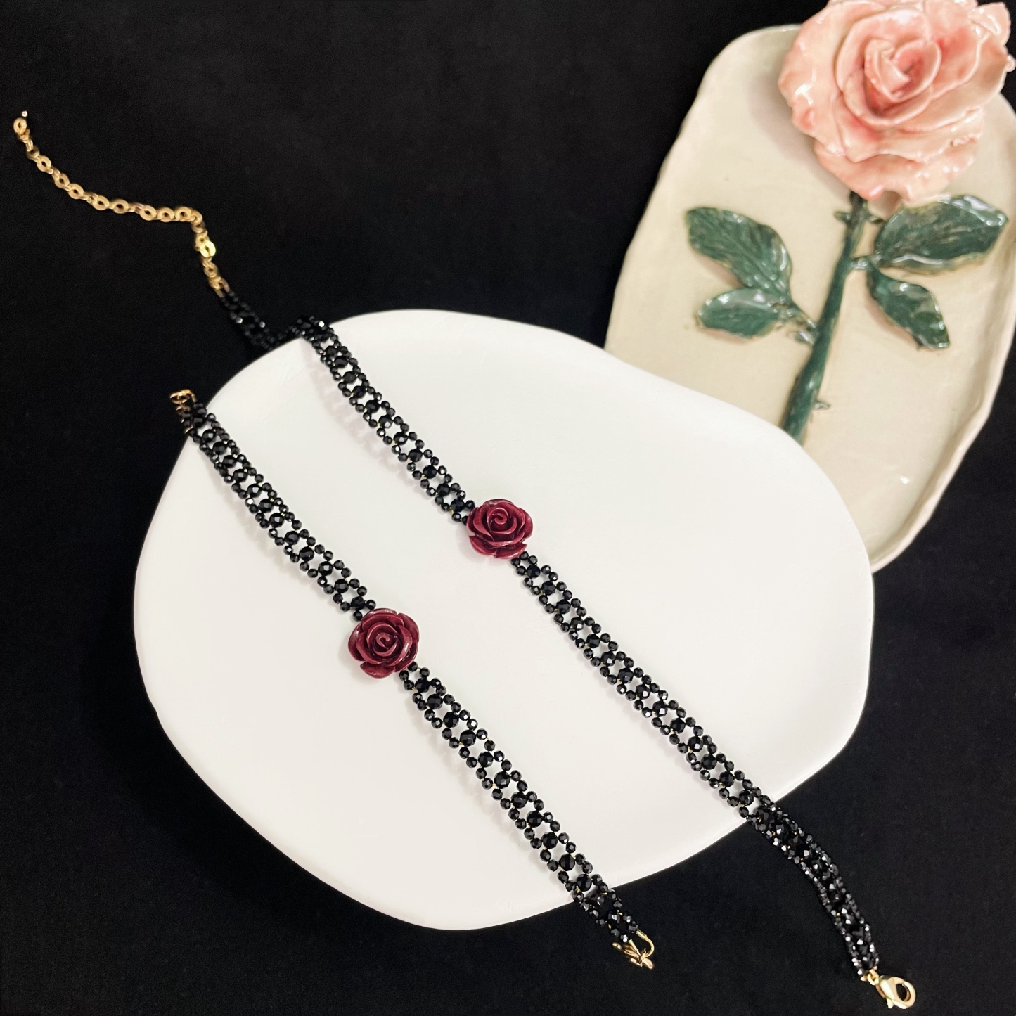 Woven Black Spinels Lace with Vermilion Stone Carved Rose Bracelet