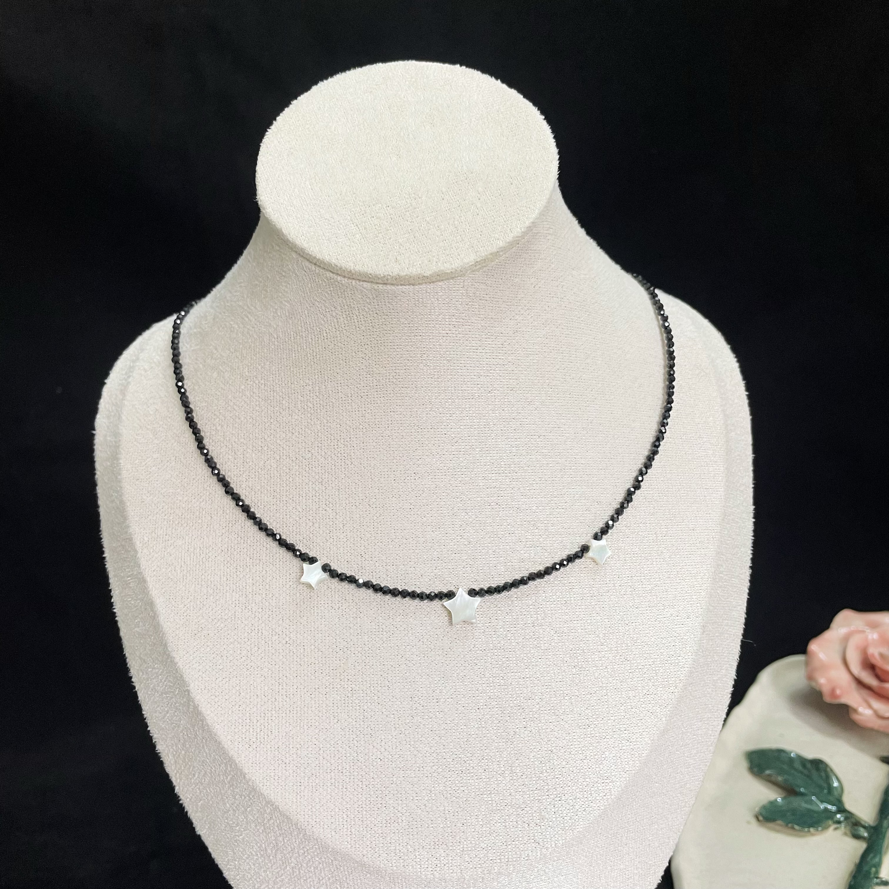 Black Spinel Mini Faceted Beads with Shell Star Necklace