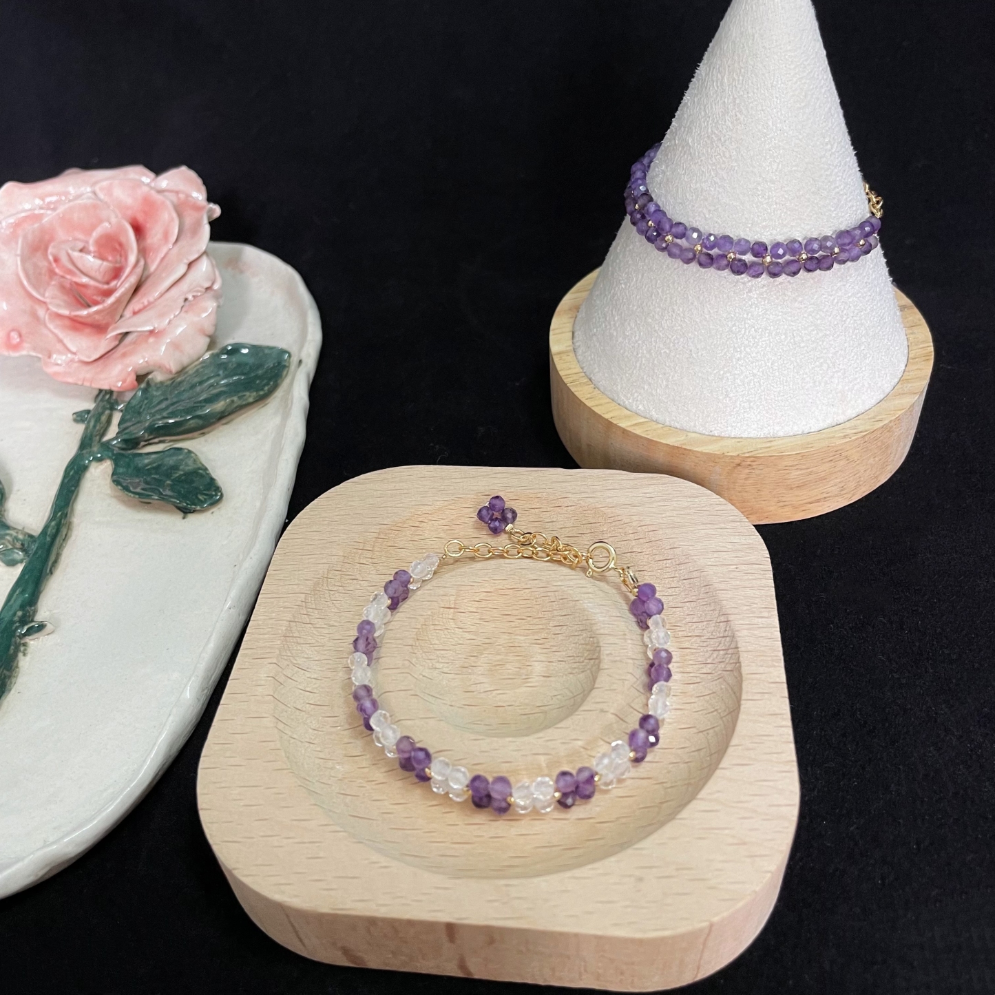 Double-Layer Woven Amethyst and Clear Quartz Faced Beads Bracelet