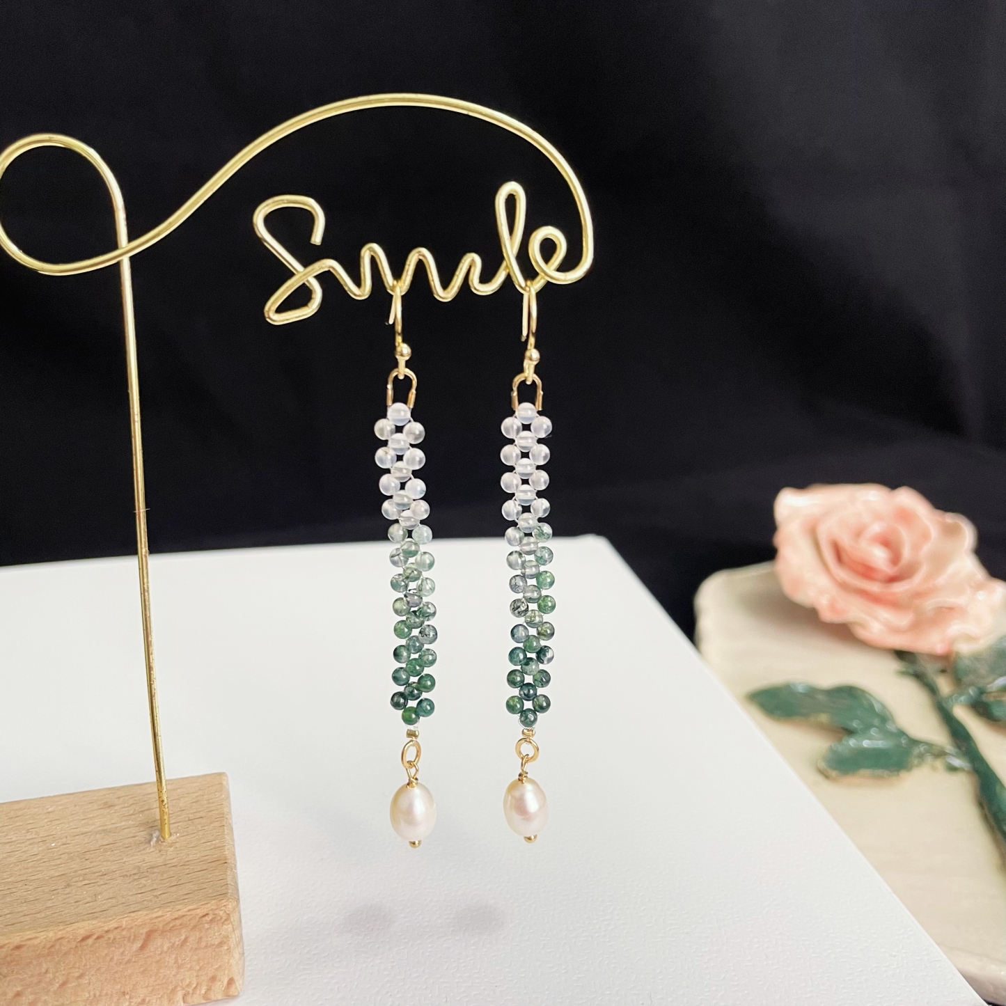 Woven Moss Agate and Pearl Drop Earrings