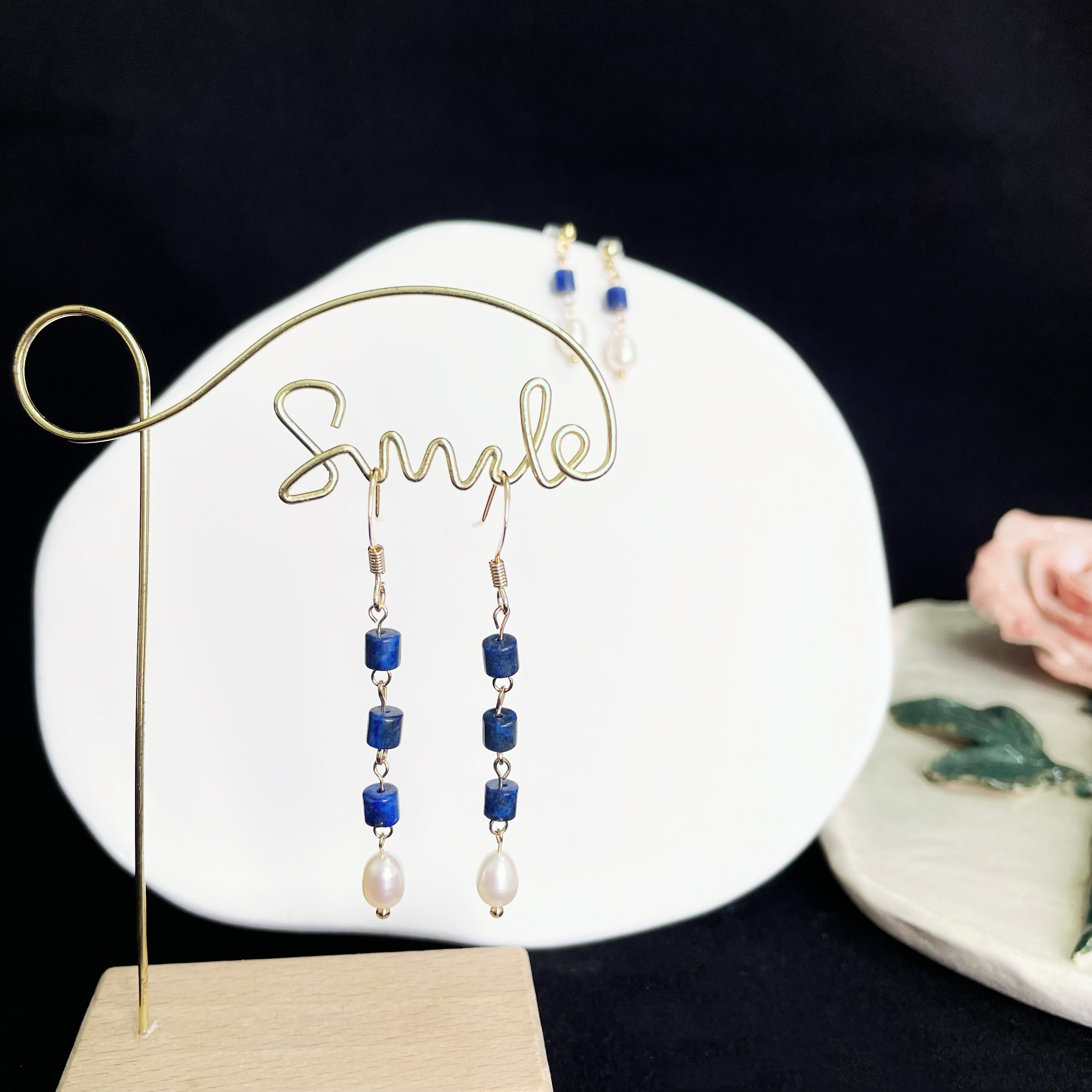 Minimalist Lapis Lazuli and Pearl Earrings