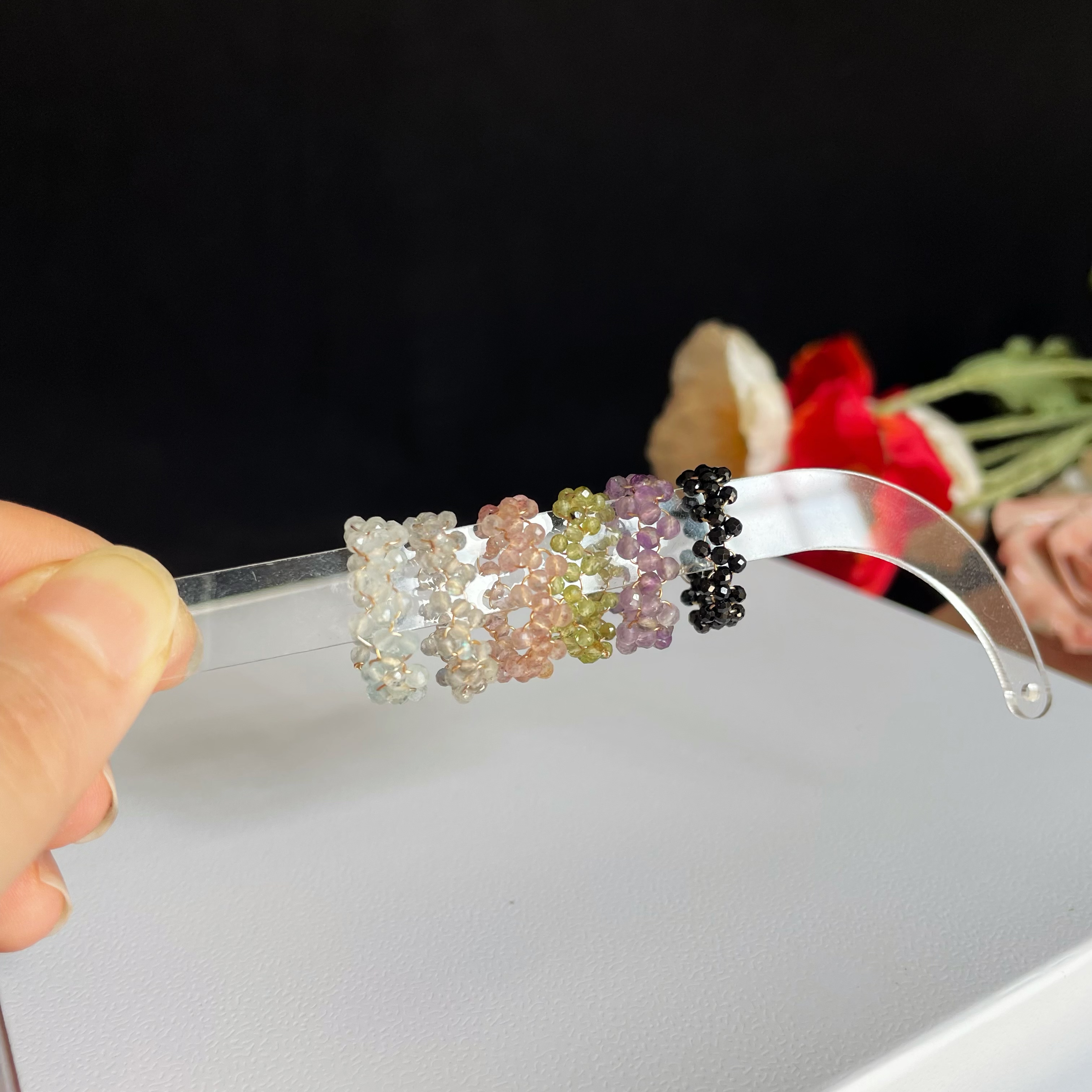 Gemstone Mini Faceted Beads Woven Lace Ring