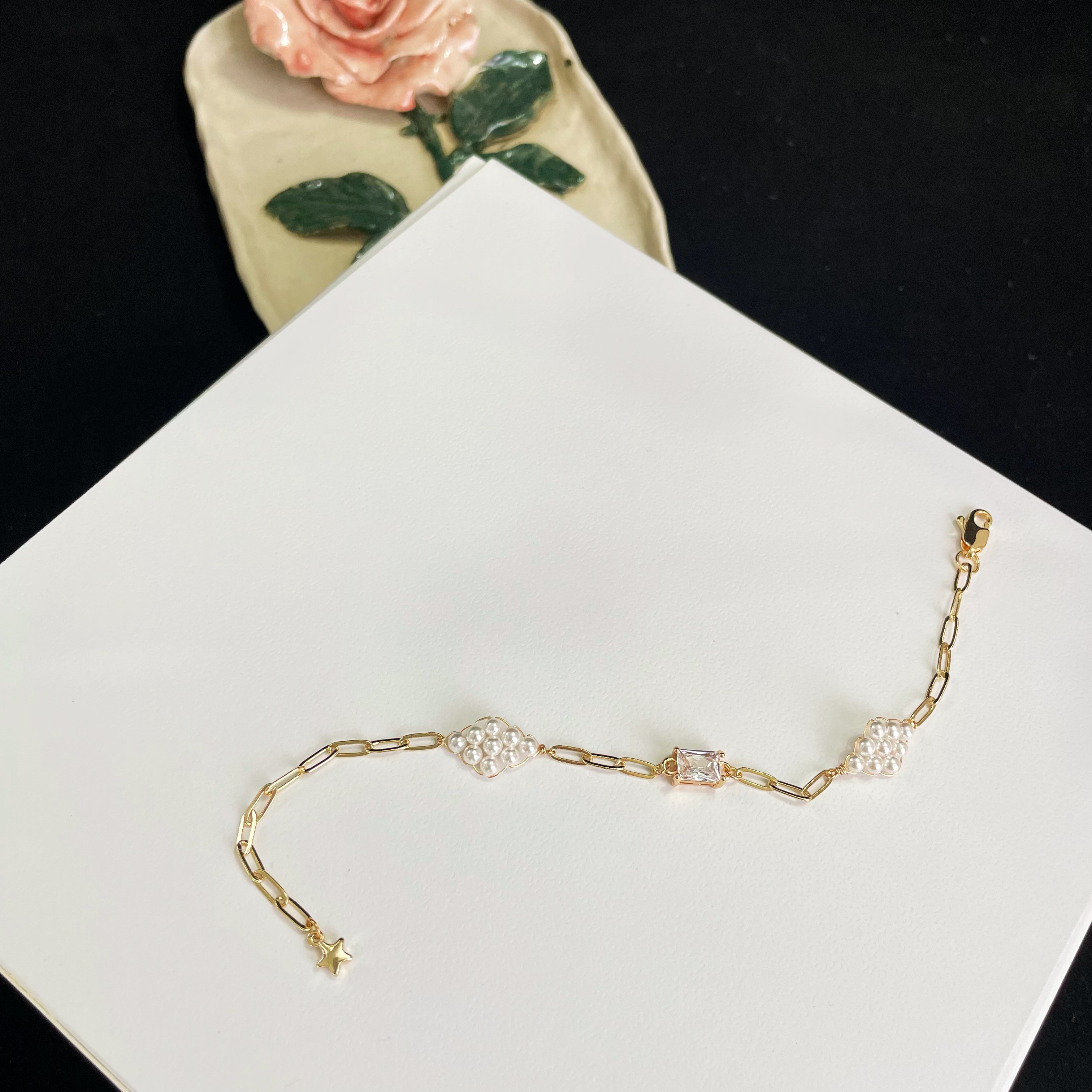 Paperclip Chain Bracelet with beads woven Rhombus and Rectangle Zircon