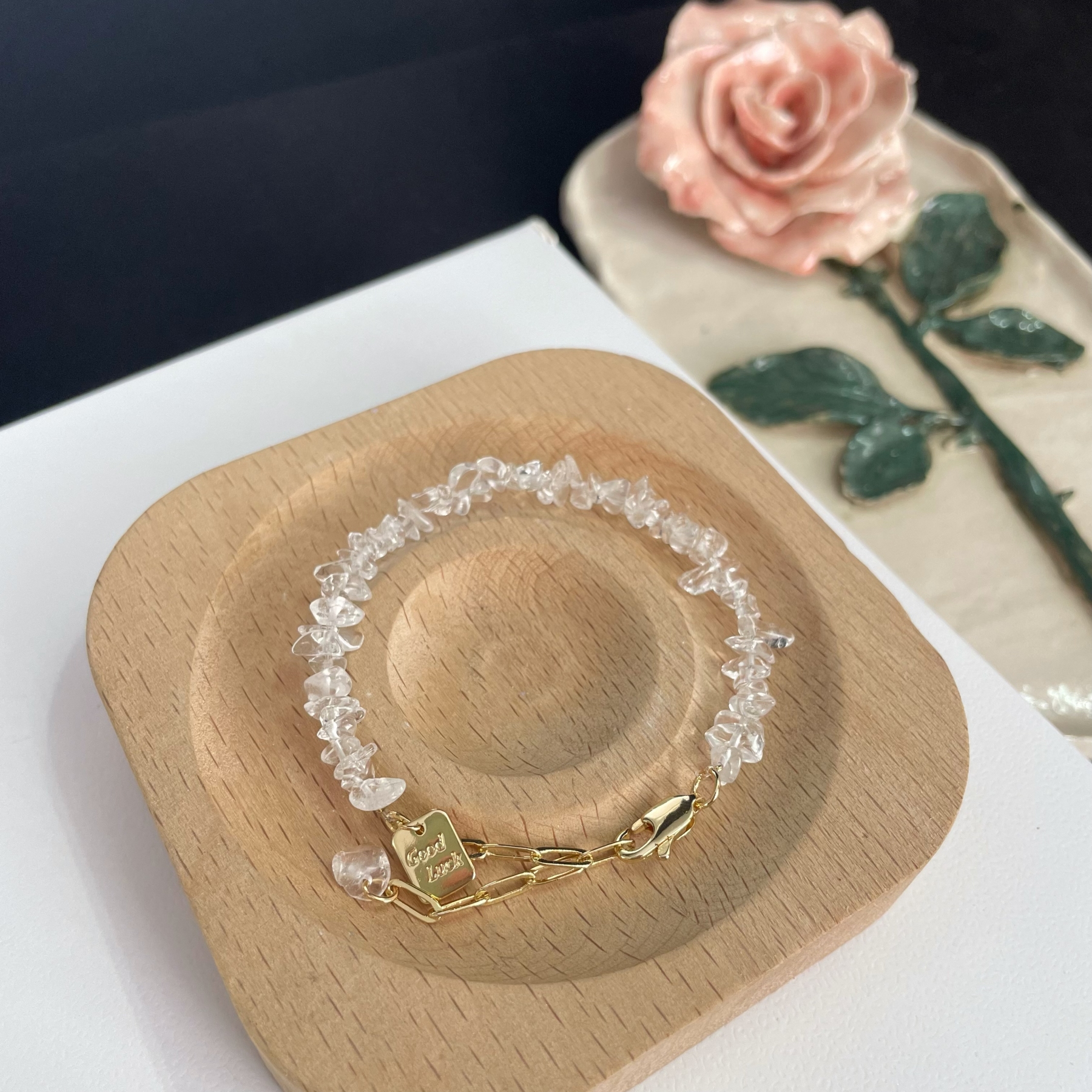 Clear Quartz Raw Stones Bracelet with "Good Luck" Charm