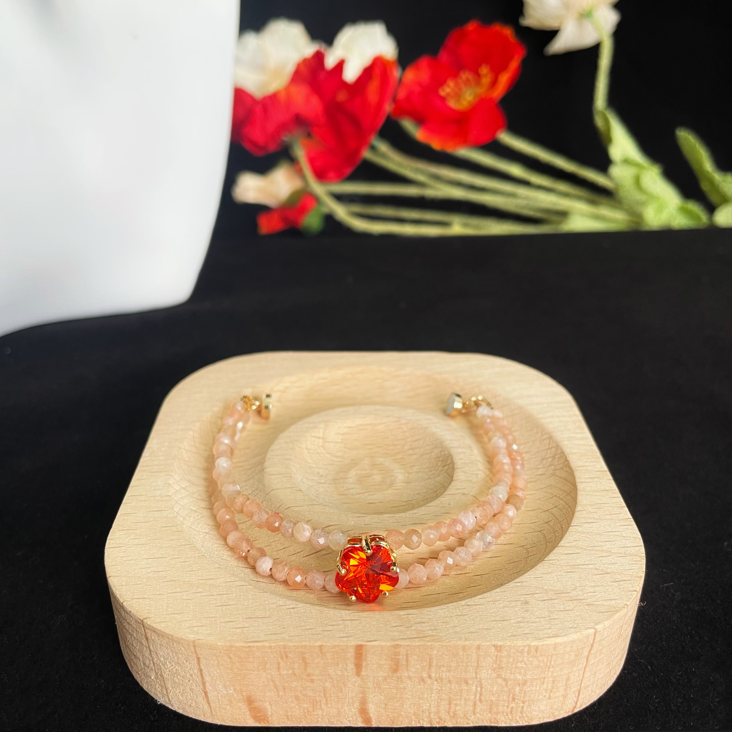 Elegant Double Line Gemstone Faced Beads Bracelet with Zircon Peach Blossom Charm