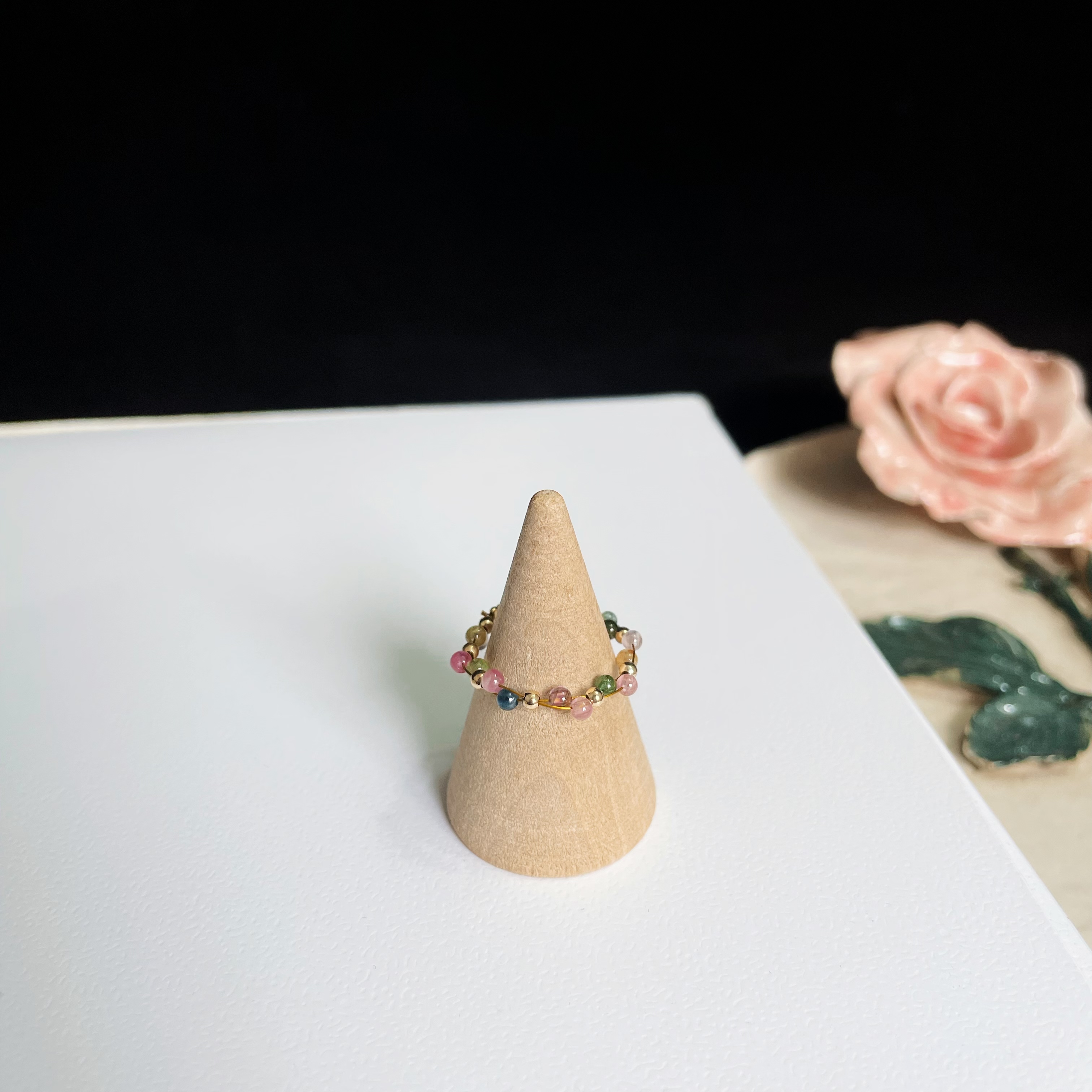 Woven Dual-Line Gemstone Ring Red Agate, Lapis Lazuli, and Rainbow Tou