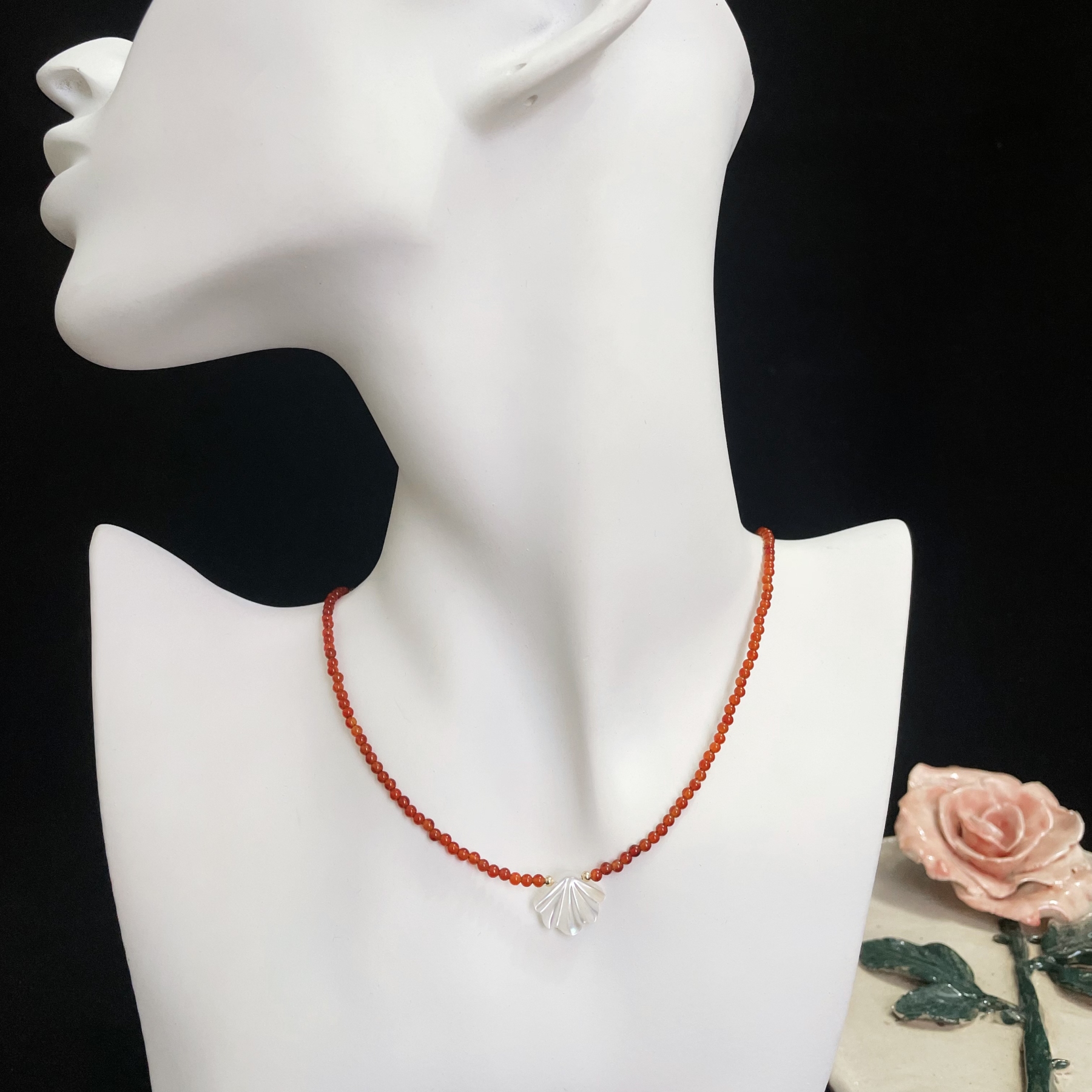 Red Agate and White Shell Charm Necklace