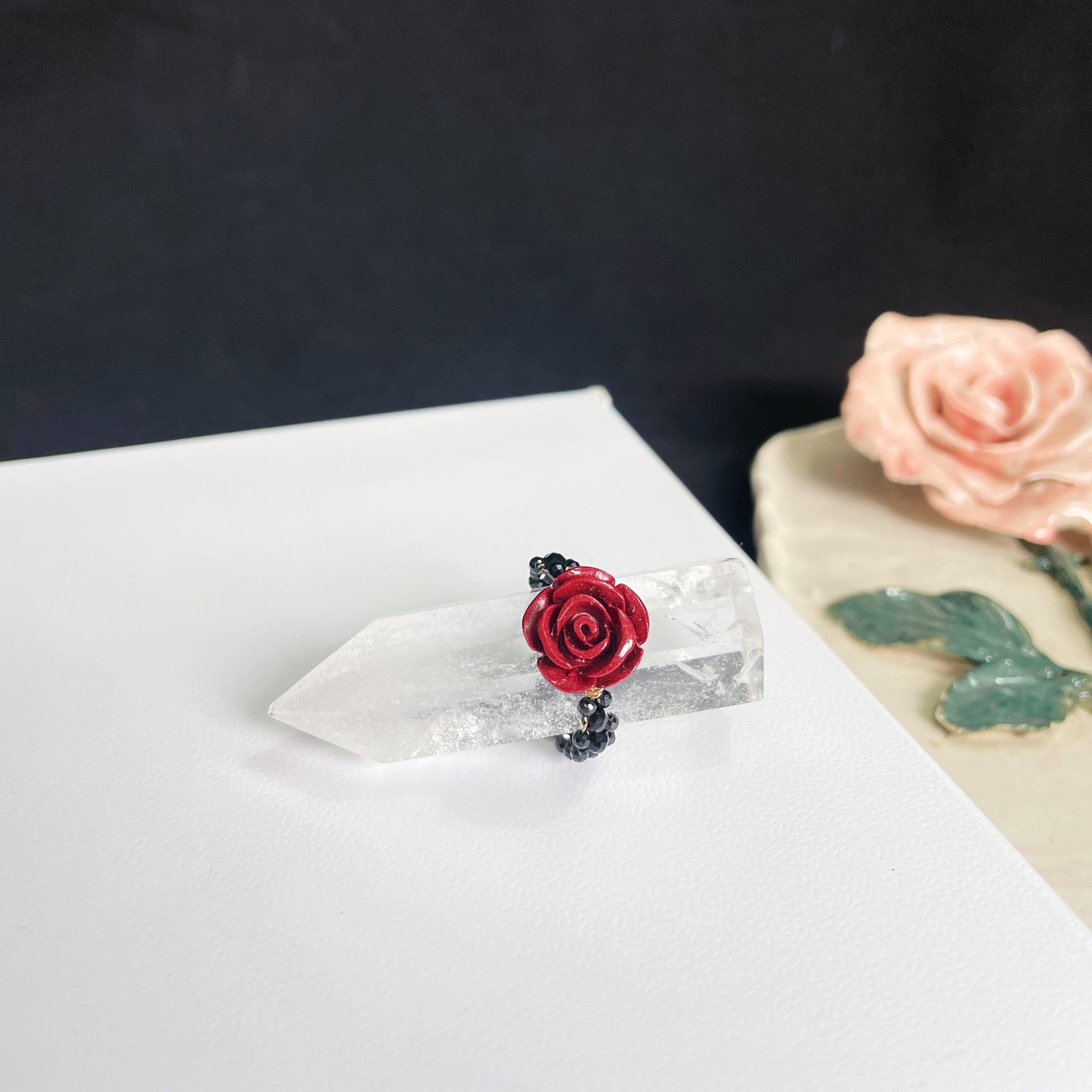 Spinel Faced Beads Woven Lace Ring with Cinnabar Rose Centre
