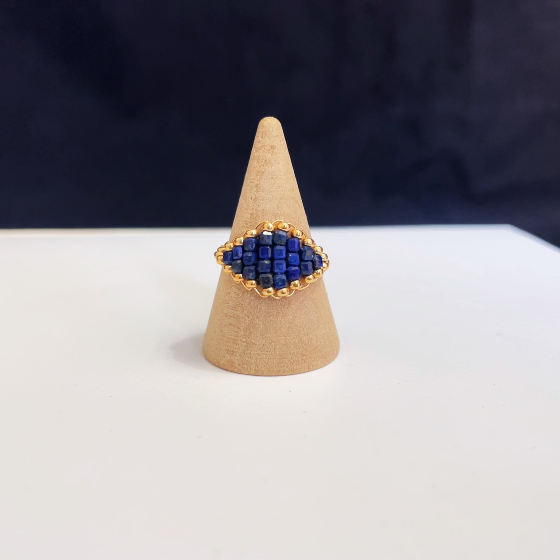 Evil Eye Inspired Lapis Lazuli & Gold Seed Beads Woven Ring