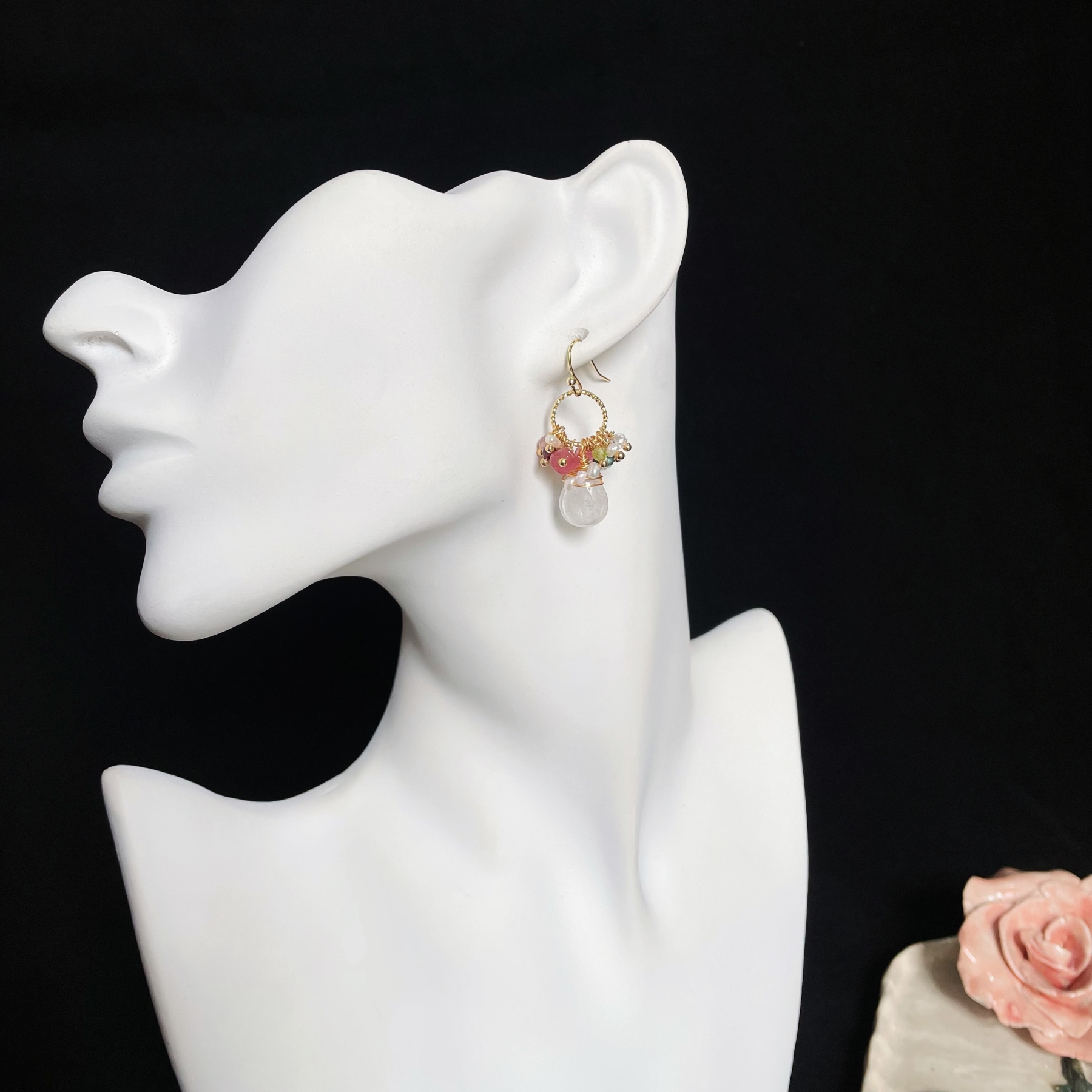 Multi-Gemstone Cluster Earrings with Clear Quartz Drop 