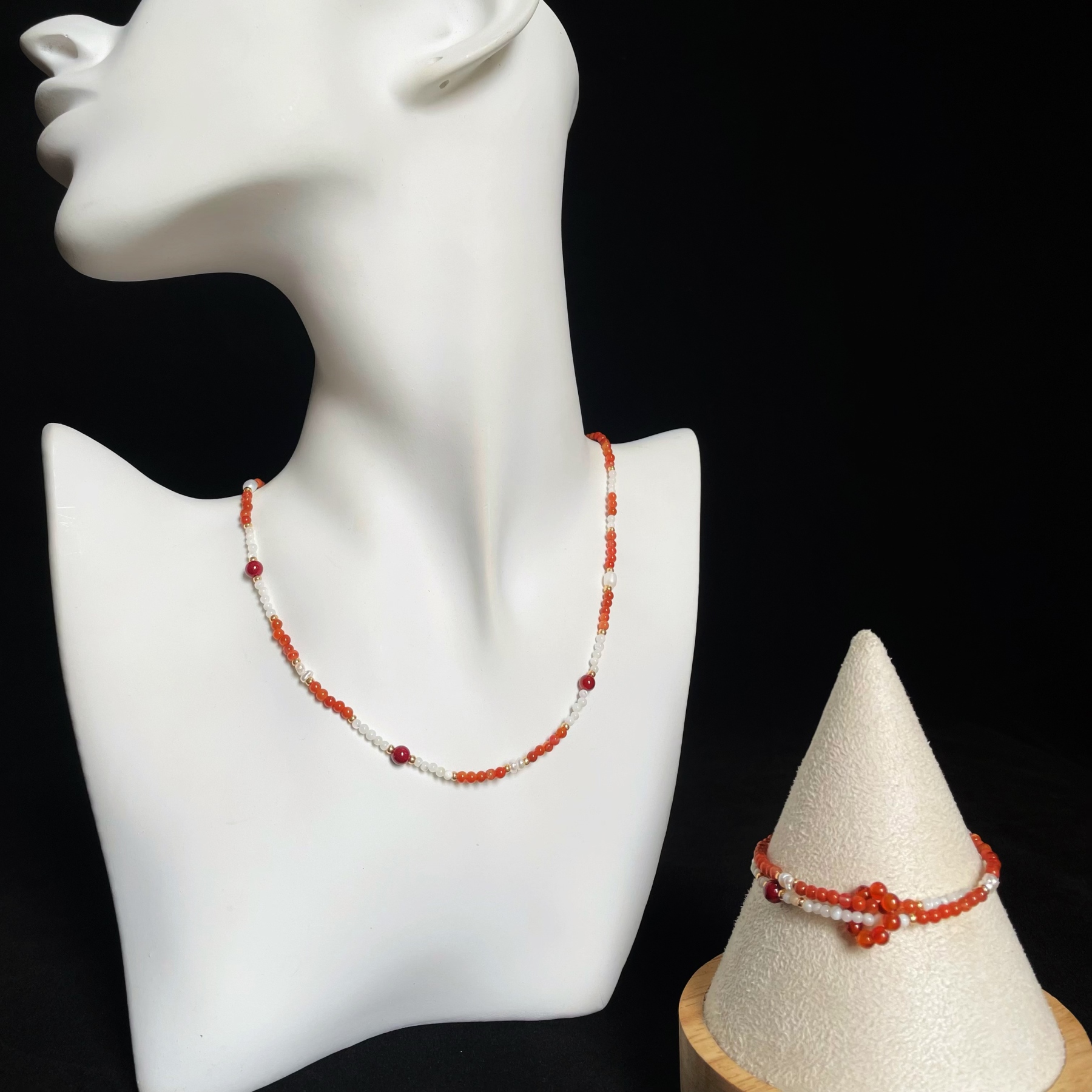 One-Line Beads Necklace with Trochus, Carnelian, Freshwater Pearls & Cinnabar