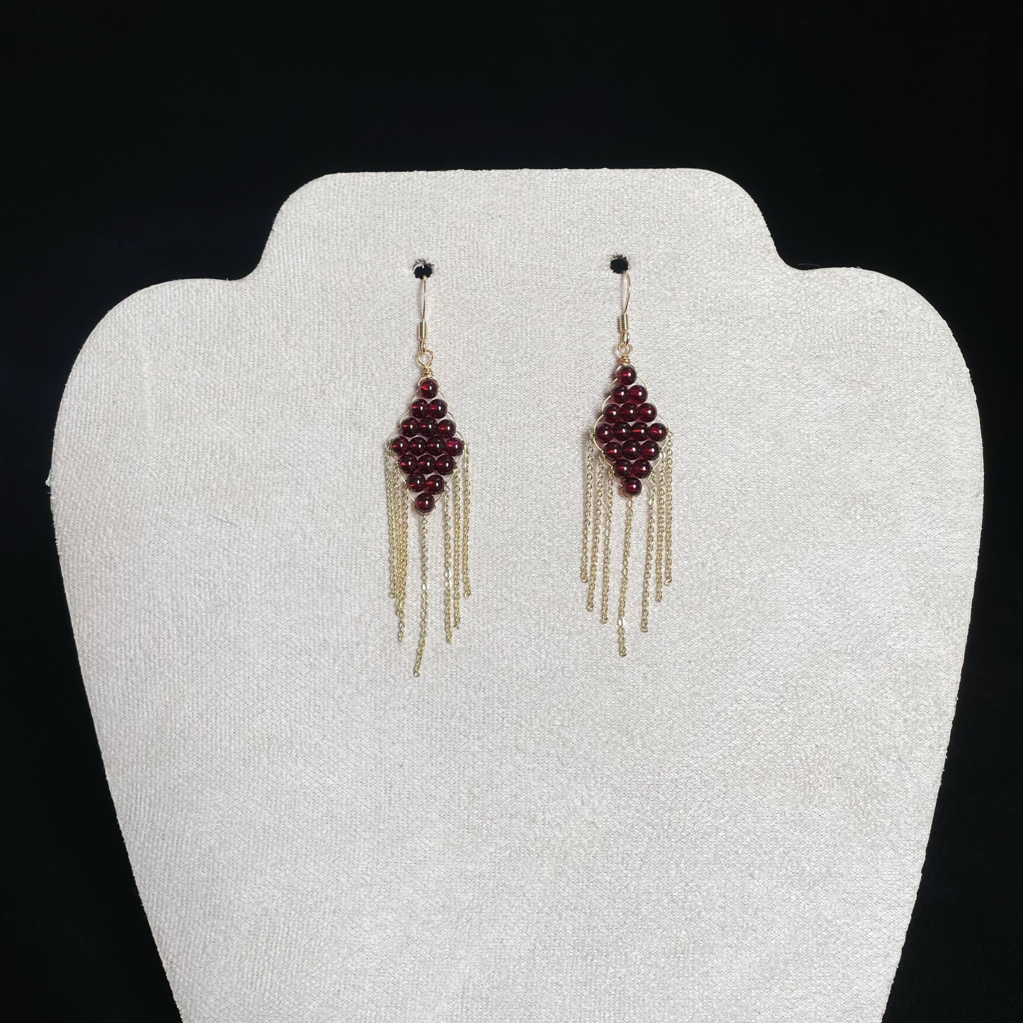 Wine Red Garnet Woven Rhombus with Tassels Earrings